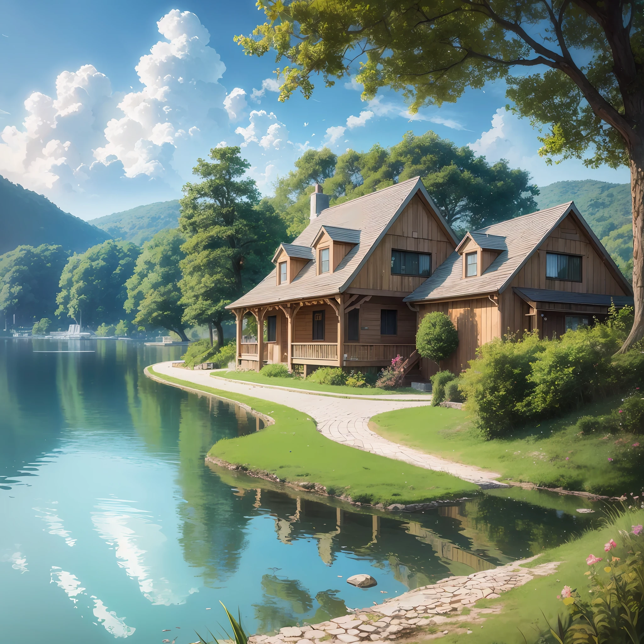 anime scenery of a house and a lake with a bench, anime countryside landscape, anime background art, anime landscape wallpaper, relaxing concept art, anime scenery, anime background, anime landscape, anime beautiful peace scene, stunning art style, anime style 4 k, lofi artstyle, anime art wallpaper 8 k, beautiful anime scenery, makoto shinkai cyril rolando --auto --s2