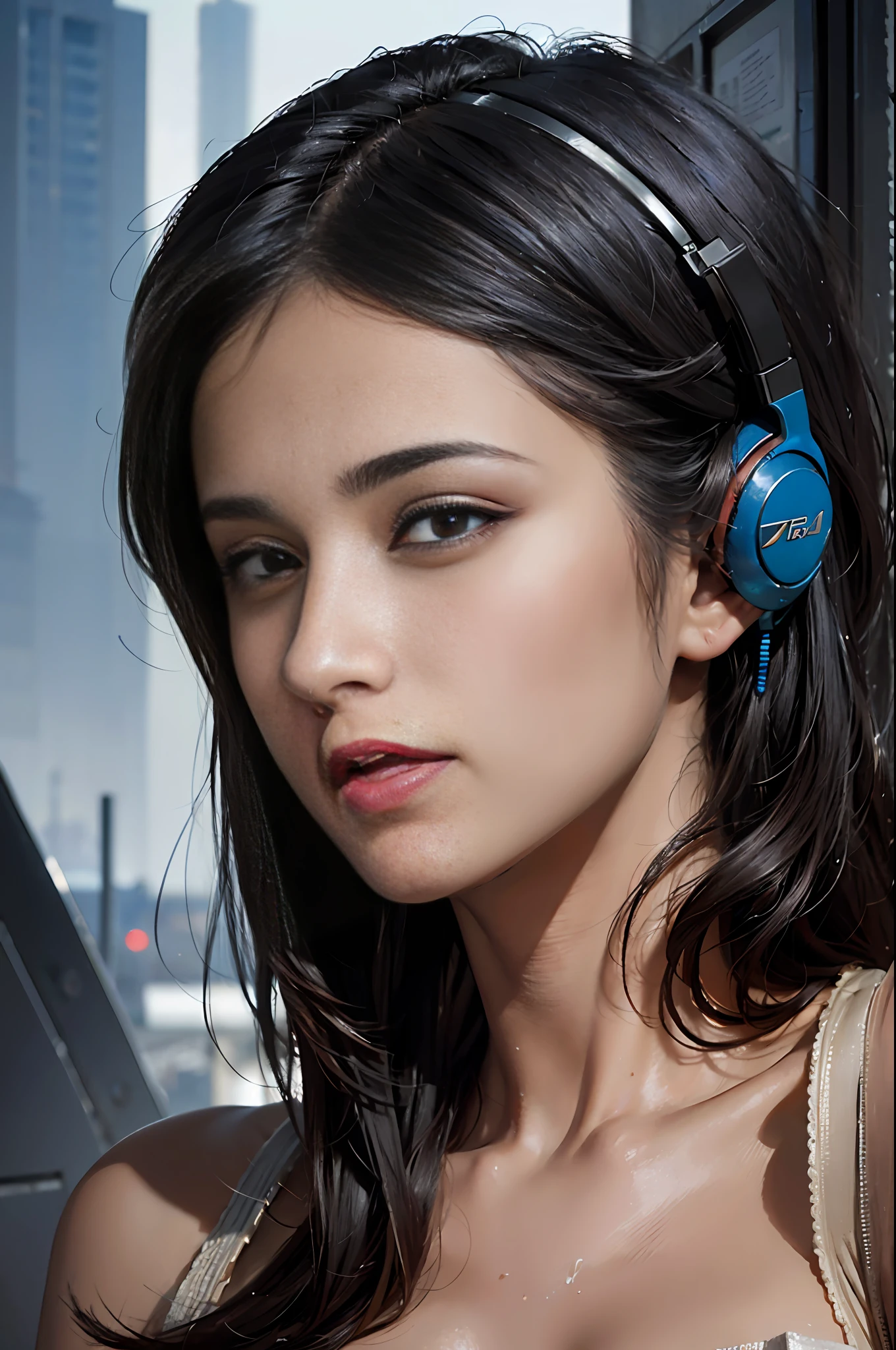 RAW, (8k, best quality, masterpiece: 1.2), (complex detail: 1.4), (photorealism: 1.4), octane rendering, complex 3d rendering super fine, studio soft light, edge light, vibrant detail, super fine, (realistic skin texture: 2), beautiful delicate face, beautiful delicate eyes, extremely detailed CG uniform 8k wallpaper, makeup, (perfect anatomy), (epic), (masterpiece, top quality, best quality, official art, Aesthetics and aesthetics: 1.2), very detailed, colorful, highest detail (super detail)), (highly detailed CG illustration), (very delicate and beautiful), (viewed from the side), cinematic light, city, 1 girl, solo, headphones, cyberpunk
