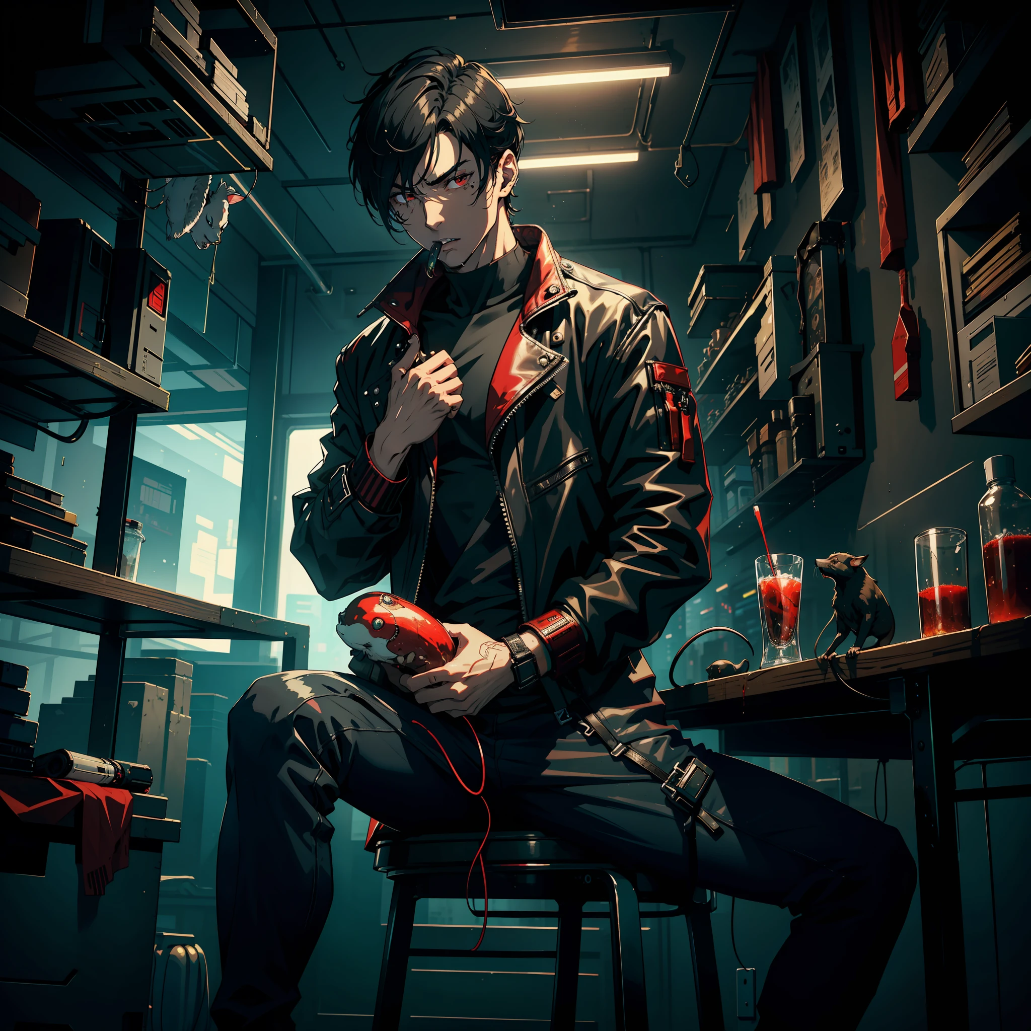 Cyberpunk, (a) dashing young guy, short black hair, handsome clear and delicate facial features, with his mouth open, grabbed a fat mouse with his right hand, stuffed it into his mouth, ate the mouse, and red liquid flowed from his mouth. Sitting on the table inside the kitchen, painful expressions, dirty environment, messy cutlery. Fly mosquitoes. Disgusting.