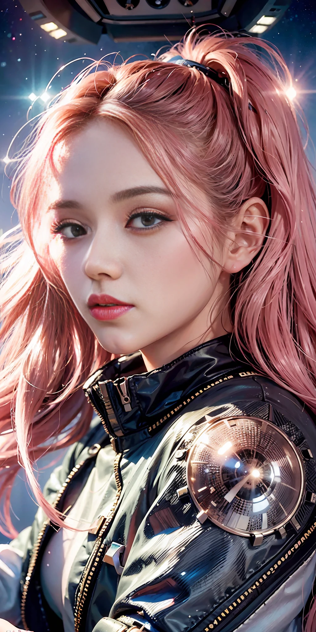(1girl:1.3), solo, idol wearing decorated spacesuit, pretty girl at 15 years old, official art, Unity 8k wallpaper, super detailed, beautiful and aesthetic, beautiful, masterpiece, best quality, raw, masterpiece, ultra fine photo, highest quality, ultra high resolution, photorealistic, vivid light, full body portrait, stunningly beautiful, dynamic pose, delicate face, lively eyes, (side view), pink long hair, highly detailed spaceship interior, detailed face, detailed complex busy background, messy, gorgeous, milky, sharp focus, volume fog, 8k UHD, DSLR camera, high quality, film grain, photorealism, lomography, translucency