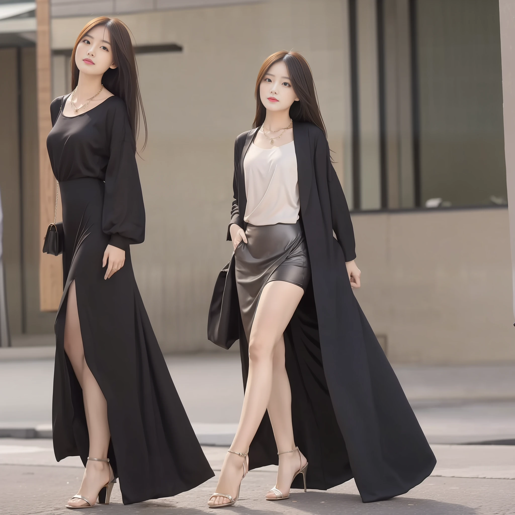 (Best Quality, 8k, 32k, Masterpiece, UHD: 1.2), Photo of a Beautiful Chinese Woman, A Woman: 1.5, (Detailed Face: 1.1), Simple Black Suit, Looking at the Viewer, (Full Body Photo: 1.6), Necklace, Dress Shirt, Smile, Lower Body Long Skirt, Slim Figure, Long Legs, High Heels: 1.4, (Tall Height: 1.6), Light in Eyes