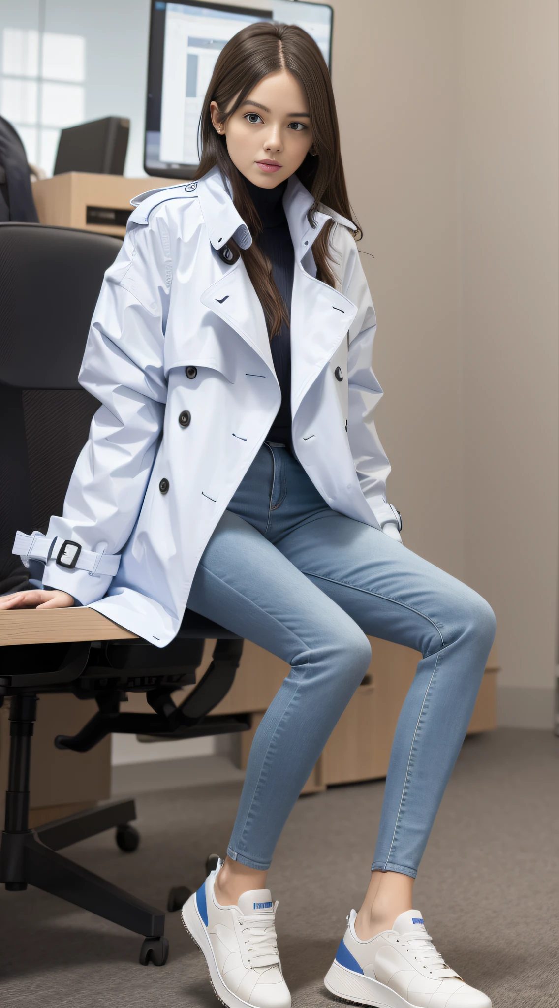 A long-legged girl in a soaked trench coat, blue skinny jeans, white sneakers sitting in the office