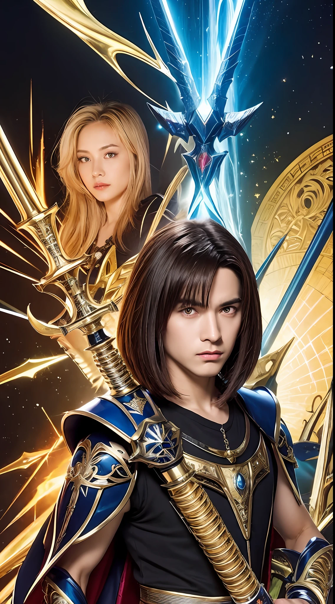 Close-up of a man holding a sword in the room, kawaiiami, Yu-Gi-Oh style, Yu-Gi-Oh art style, Yu-Gi-Oh artwork, Yugio, Wind Egyptian God, Portrait of Zodiac Girl Knight, Storm Egyptian God, Gilgamesh, Knight of Zodiac Girl, Yu-Gi-Oh Dark Magician Girl, Darius Puya