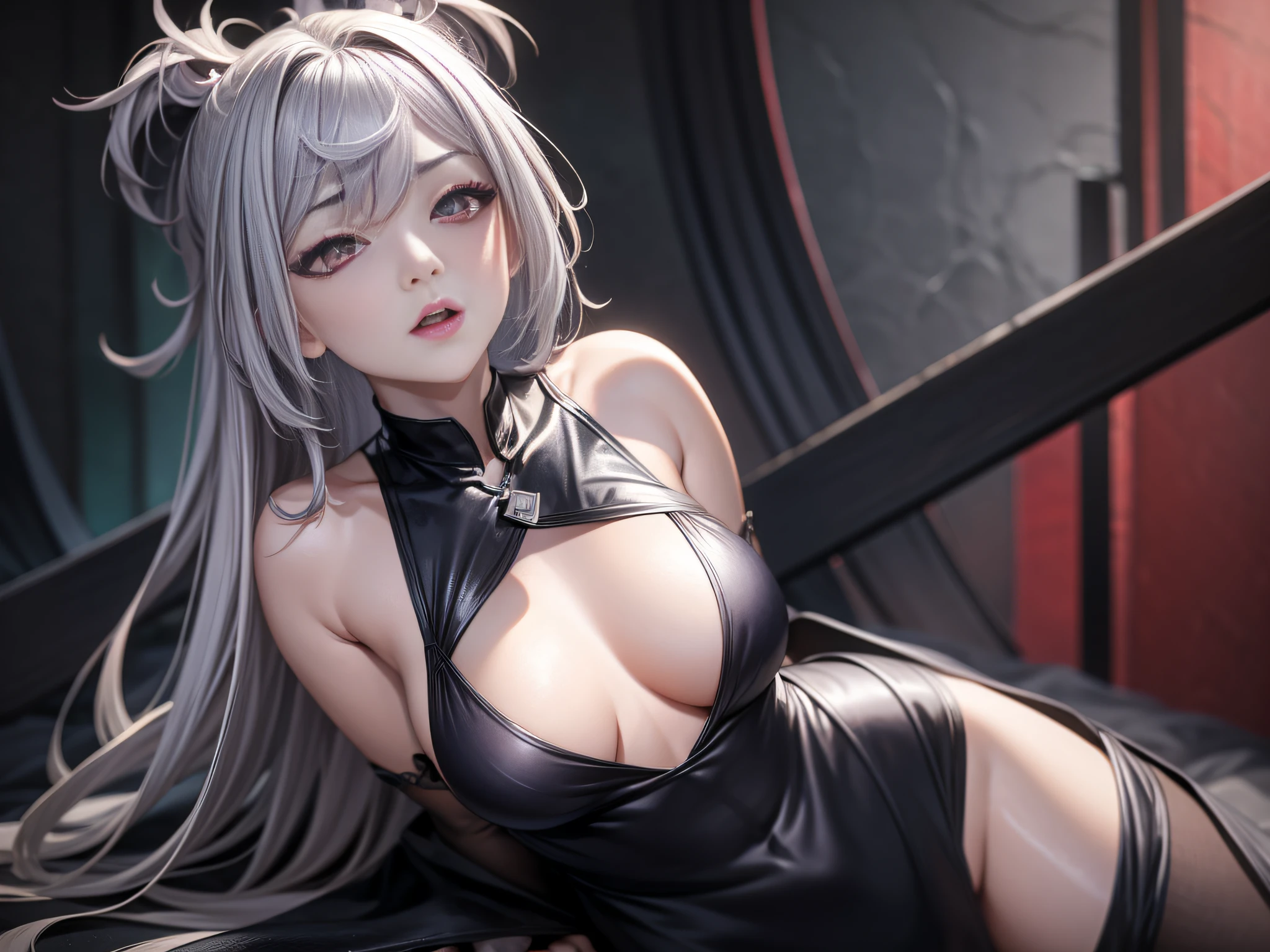 Girl in black silk on bed, 1 girl, sexy pose, shin hanga, seductive anime girl, breasts, full body portrait, showing delicate slim body and graceful curves, correct limbs, disheveled clothes, big breasts, torn black silk, exposed clothing, breast enlargement, sexy pose, wet clothes, wet clothes, lying on bed, [8K digital art]!, sinister pose, (between legs: 1.3), high resolution, (cleavage: 1.3), gray hair, bangs, small room, white hair, erotic cheongsam