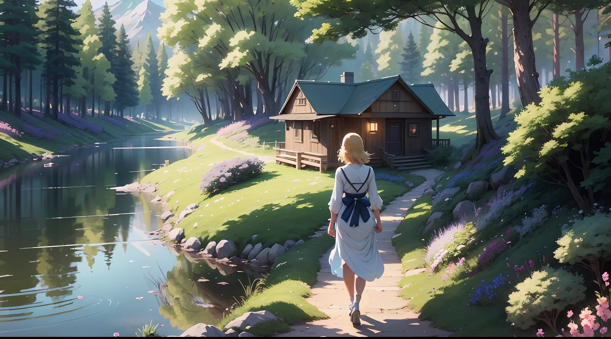 Character: A Woman heading towards home, blonde, bright light blue eyes, transparent white dress. Anime scenery of a house and a lake with a bench, anime countryside, anime background art, anime landscape wallpaper, relaxing concept art, anime scenery, anime background, anime landscape, beautiful anime peace scene, awesome art style, 4k anime style, lofi art style, 8k anime art wallpaper, beautiful anime setting, makoto shinkai cyril rolling . Lighting: The lighting is extremely strong, alternating between light and shadow, with special focus on the color green. Using ray tracing reflections and RTX to perfect the sunlight that illuminates every woman, making her hair and dress transparent and creating bright reflections, the river is transparent reflecting the entire landscape. Technical Details: Use Unreal Render, Octane Render and HDR to ensure quality in 8K UHD. Additional Elements: Add mushrooms, flowers and colorful butterflies. The shadows and lights should be intense to reinforce the feeling of strong wind. Colors should be vibrant and vivid. --auto --s2