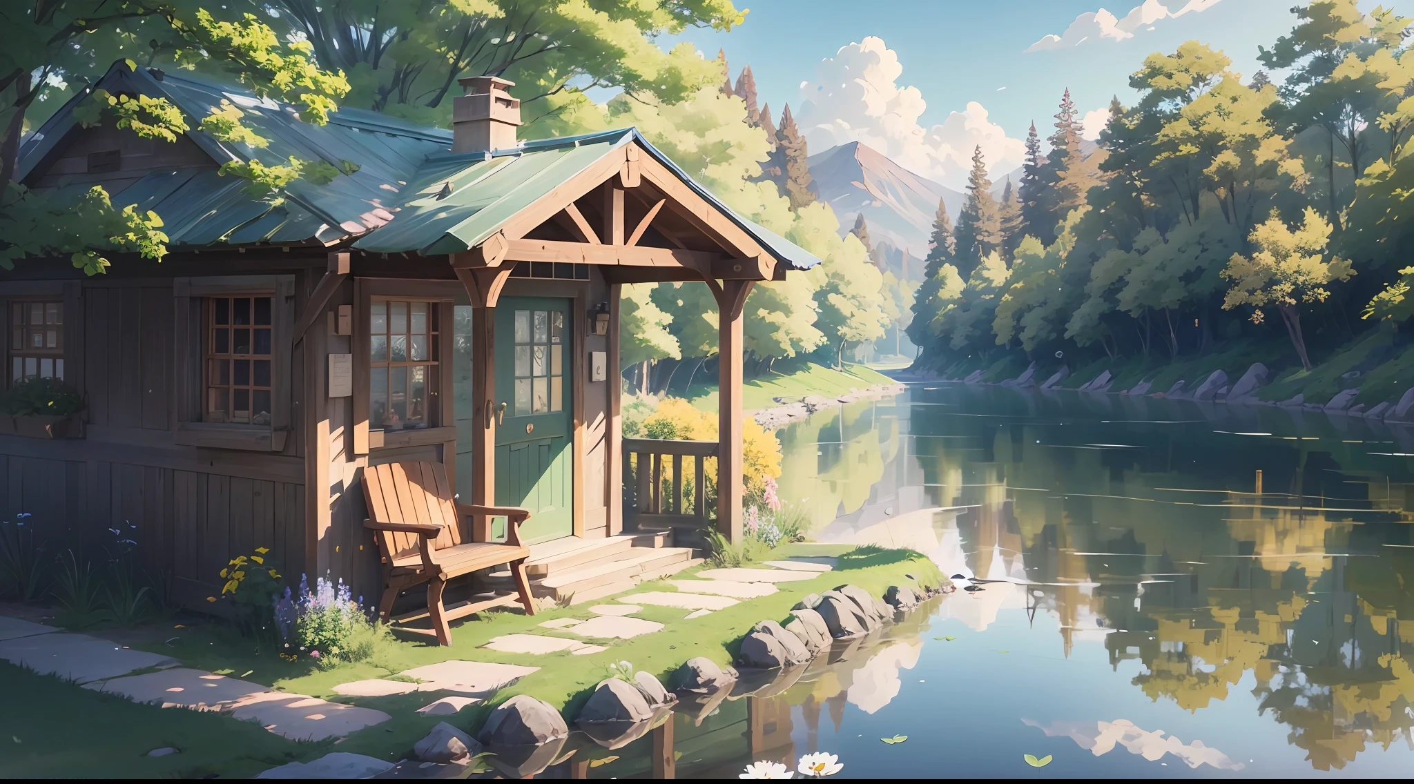 Character: A Woman heading towards home, blonde, bright light blue eyes, transparent white dress. Anime scenery of a house and a lake with a bench, anime countryside, anime background art, anime landscape wallpaper, relaxing concept art, anime scenery, anime background, anime landscape, beautiful anime peace scene, awesome art style, 4k anime style, lofi art style, 8k anime art wallpaper, beautiful anime setting, makoto shinkai cyril rolling . Lighting: The lighting is extremely strong, alternating between light and shadow, with special focus on the color green. Using ray tracing reflections and RTX to perfect the sunlight that illuminates every woman, making her hair and dress transparent and creating bright reflections, the river is transparent reflecting the entire landscape. Technical Details: Use Unreal Render, Octane Render and HDR to ensure quality in 8K UHD. Additional Elements: Add mushrooms, flowers and colorful butterflies. The shadows and lights should be intense to reinforce the feeling of strong wind. Colors should be vibrant and vivid. --auto --s2