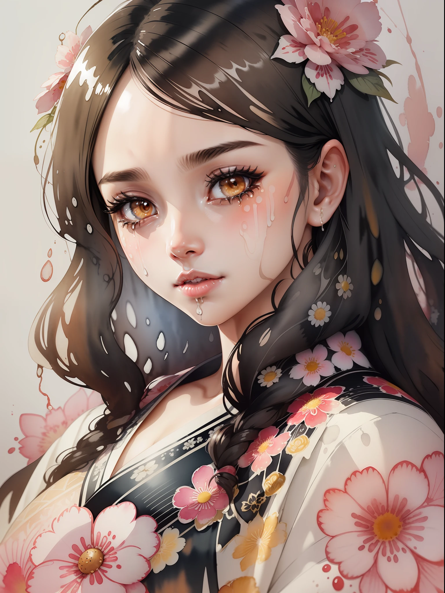 (rough handmade sketch) attractive, intricate and very detailed line art, watercolor illustration of female head with ornament made of flowers, floral kimono, tetradic color, colorful and highly detailed dark brown eyes, beautiful eyes, hazelnut colored eyes, black hair, straight and glowing long hair, perfectly centered image, (white background with watercolor splash), Focus on face line, (((dripping watercolor)) ink contour, 32K, highest quality