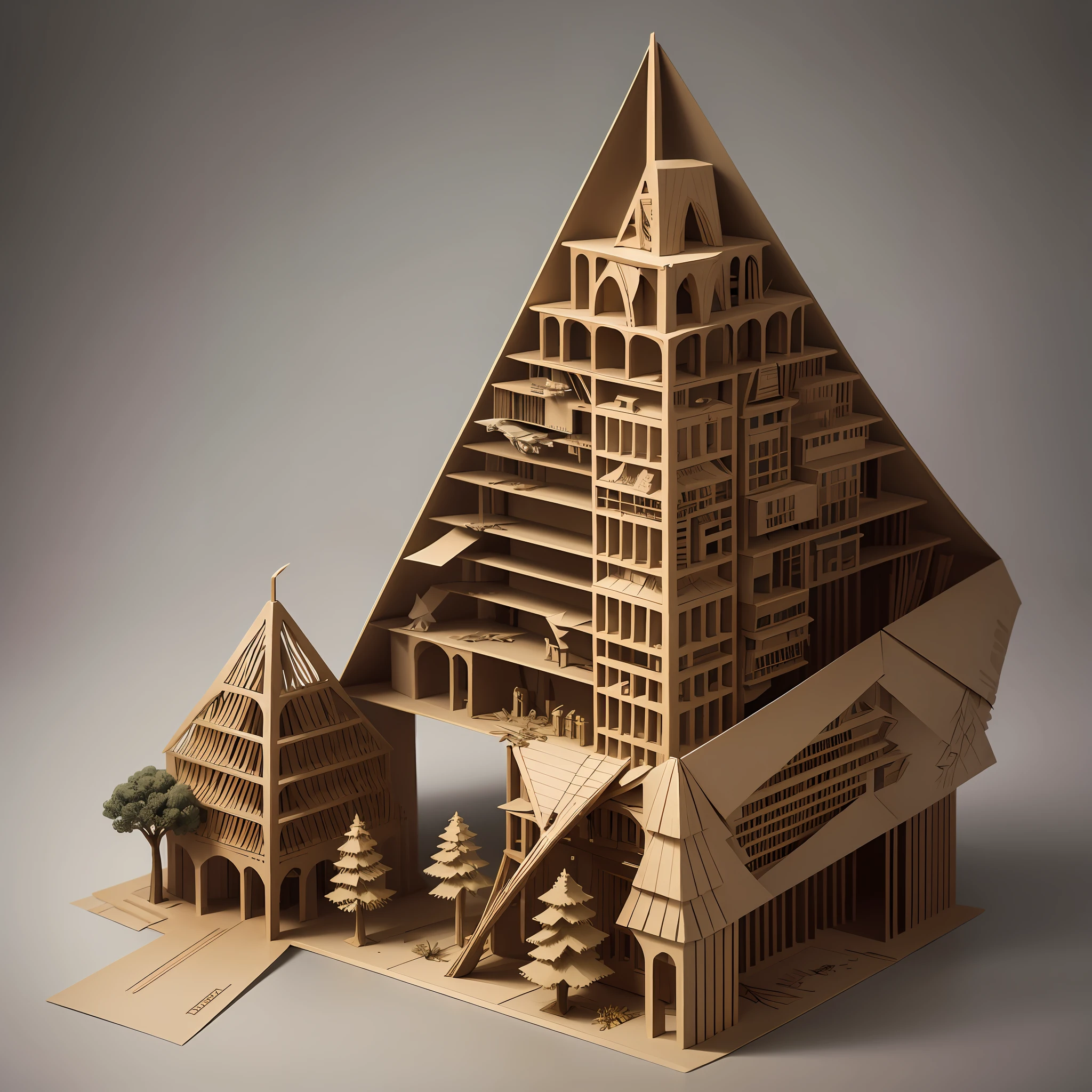 cut and folded cardboard forming trees, cranes and planes. Scultures. 3:2 --auto --s2