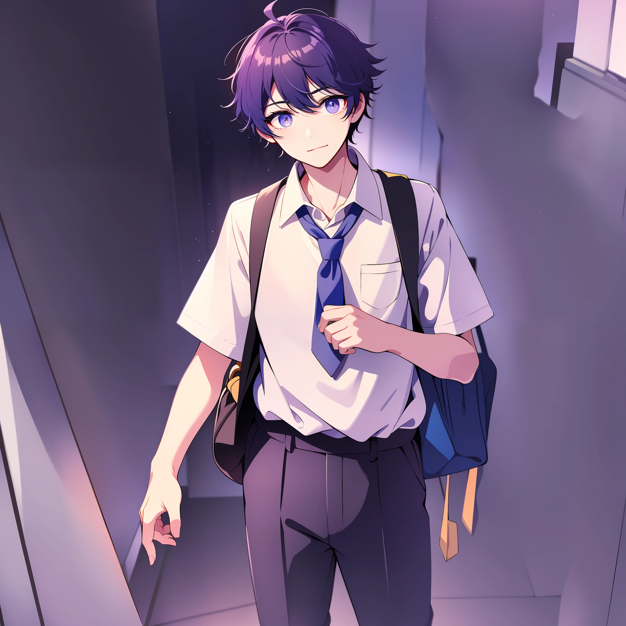 At the end of school, a boy with black hair and a yellow face, wearing a delicate blue and white school uniform, blue and white sneakers, and a colorful sports school bag in his hand, with brilliant purple starry eyes and white skin against the background, is amazing. There is also a strange girl next to him, which sets off his background, highlighting his handsomeness and confidence even more. His facial features are delicate, more like a character coming out of a painting, making it difficult to look away. The black school uniform pants accentuate his tall figure even more. This painting makes people feel the excitement and vitality of school after school, and also makes people full of good luck about the mystery and charm of this boy