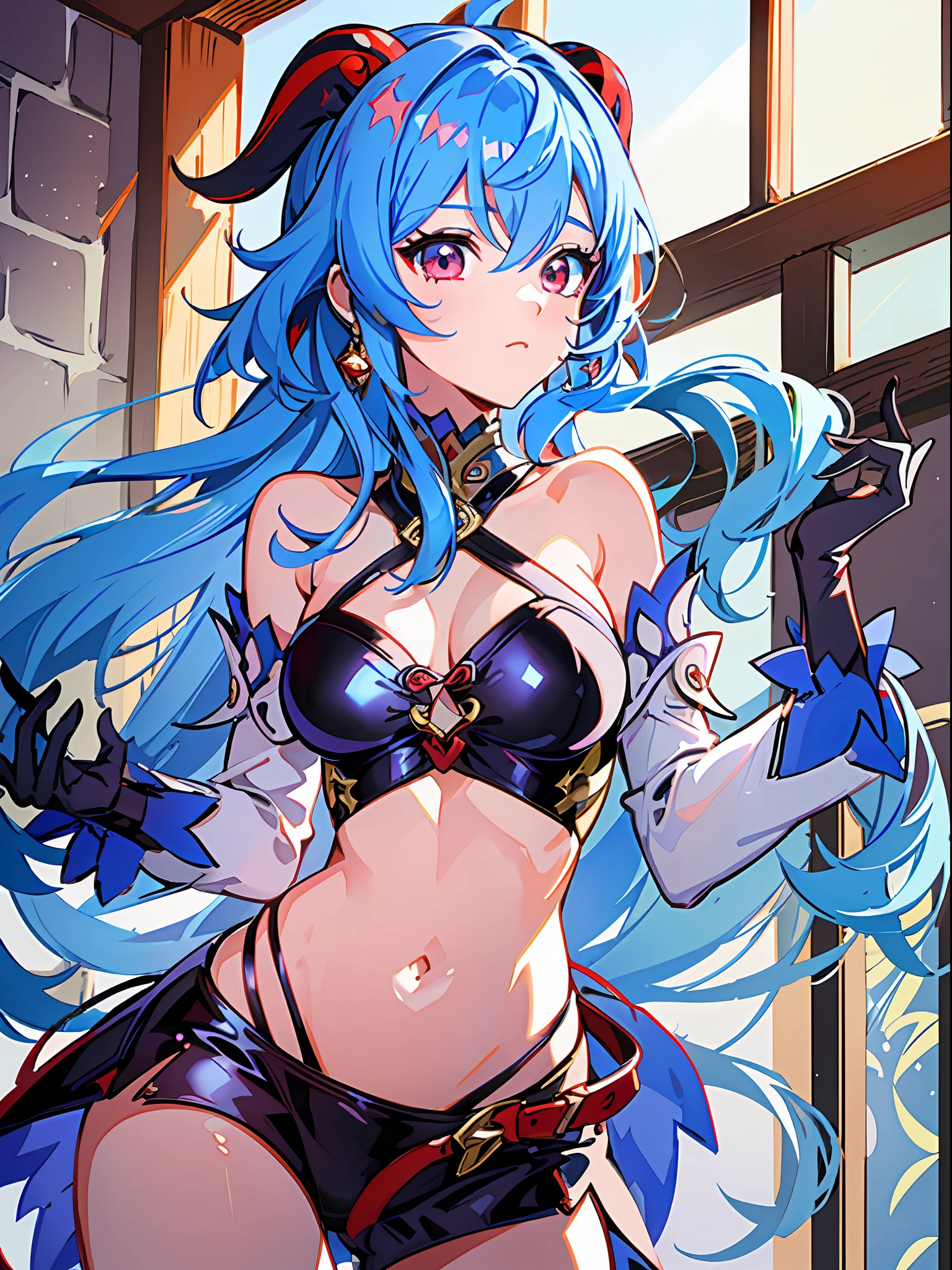 1girl (Masterpiece) (Best Quality) (Shiny Hair) (Glossy Skin), Bikini, Salon, Dancing Princess, Ganyu (Genshin Impact\), Light blue hair, Red eyes, Red horns