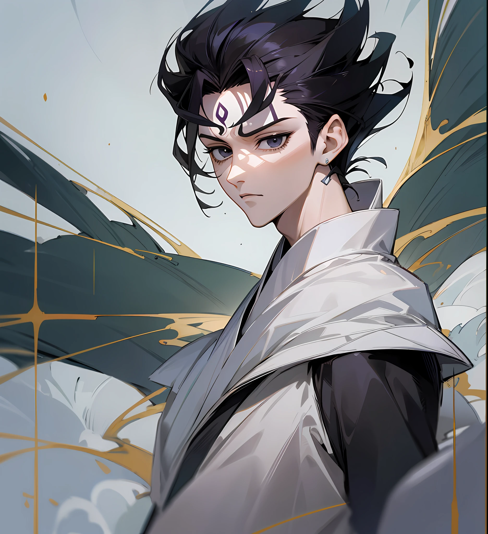 hxh, chrollo, hxh anime, face with beautiful and fine features, japanese style art, black hair color, black eyes, white band on forehead, hunter vs hunter, lucifer chrollo