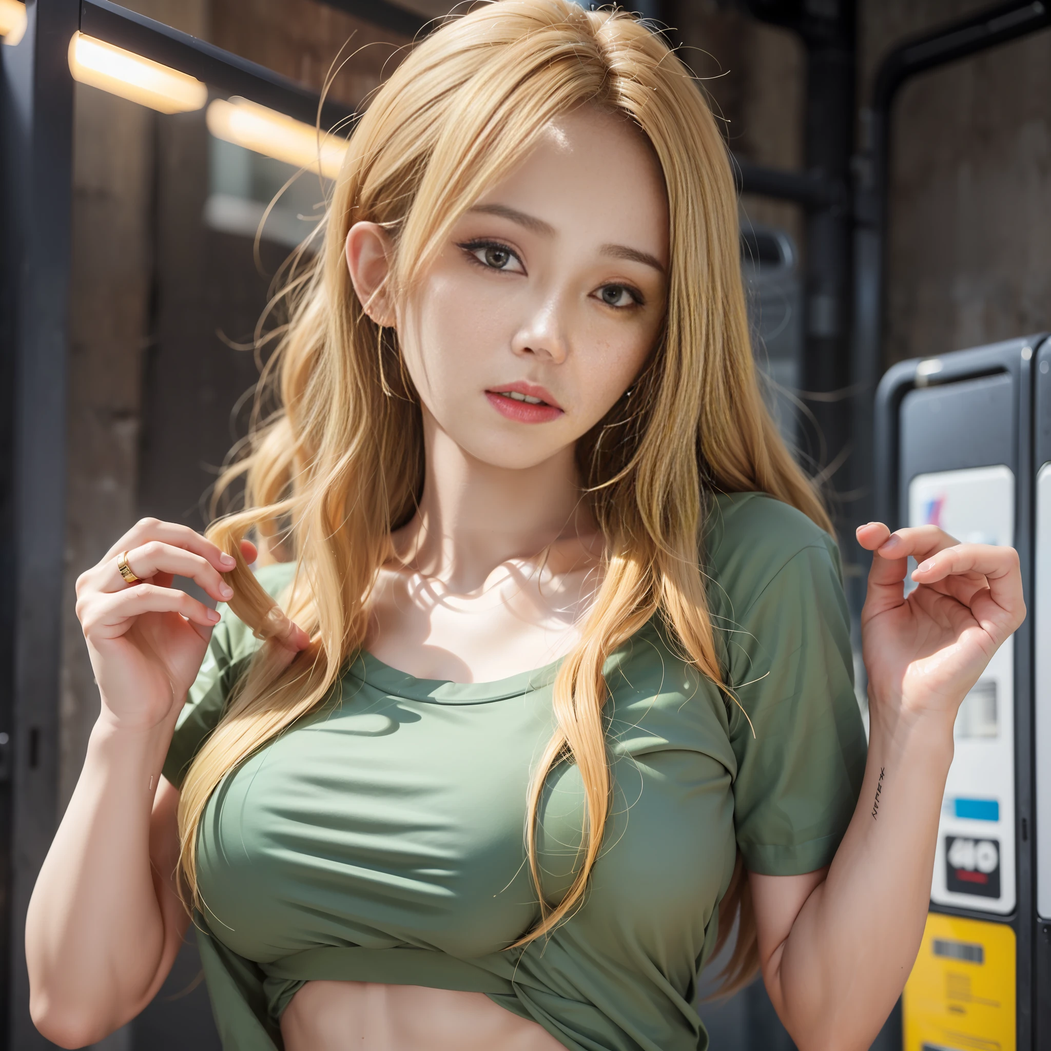 (1girl),large breasts, breasts, tan, dewy skin, sweaty skin, wavy blonde hair, punk tshirt, punk girl