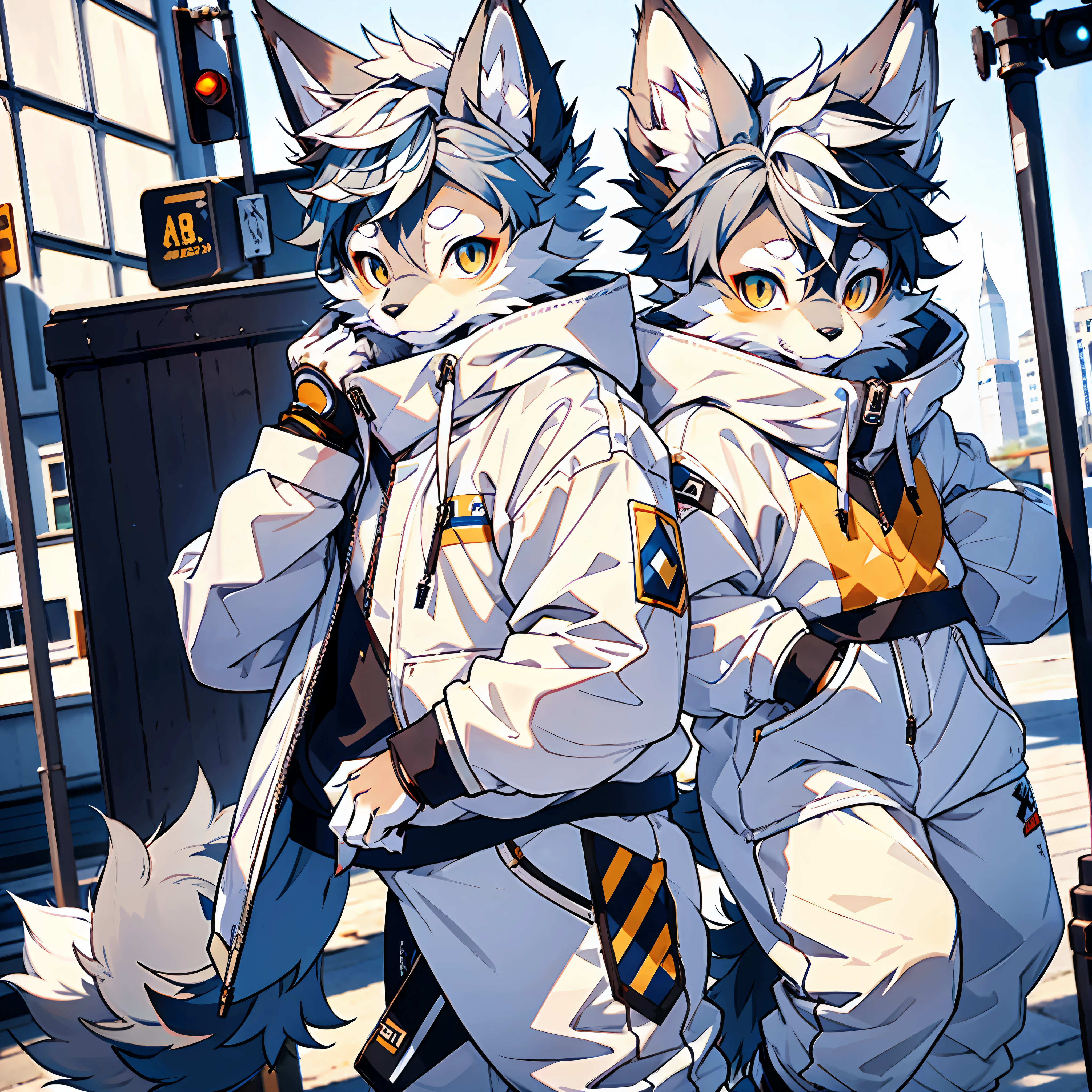 furry, furry, gray fur, male, canine, arctic fox, single, sharp claws, detailed fur, golden eyes, fluffy tail, blue sweatshirt, white jeans, super detailed: 1.0, city street, detailed background