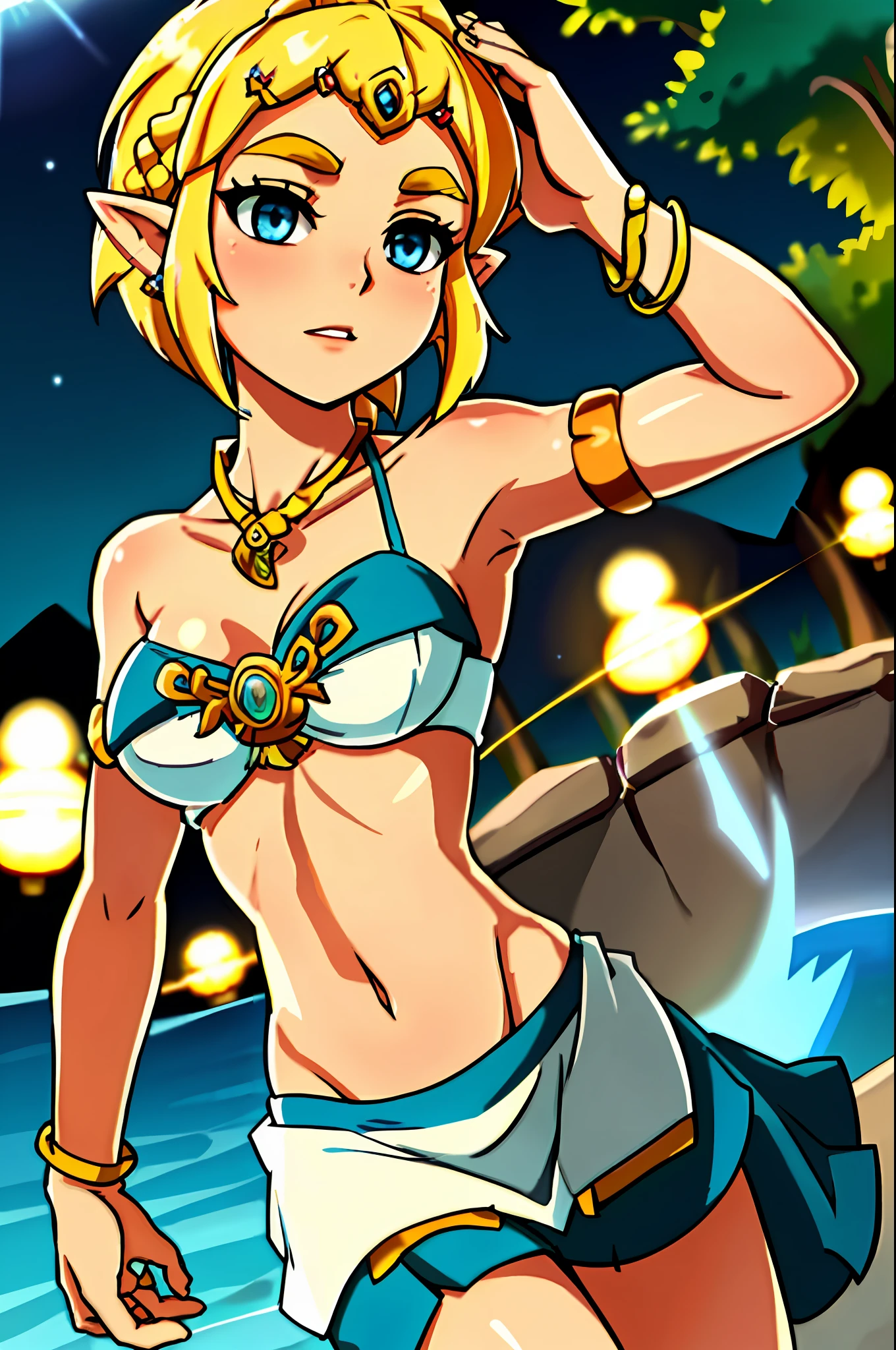 ZeldaTOTK, princess zelda, 1girl, magical aura, jewelry, pointy ears, large breasts, bikini, blonde hair, crown braid, short hair, triforce, solo, earrings, braid, lingerie, bra, panties, necklace, bracelet, blue eyes, armlet, thick eyebrows, hairclip, striking plush lightning aura with ocean background, cinematic lighting, depth of field, bokeh, realism, photorealistic, hyperrealism, professional photography, uhd, dslr, hdr