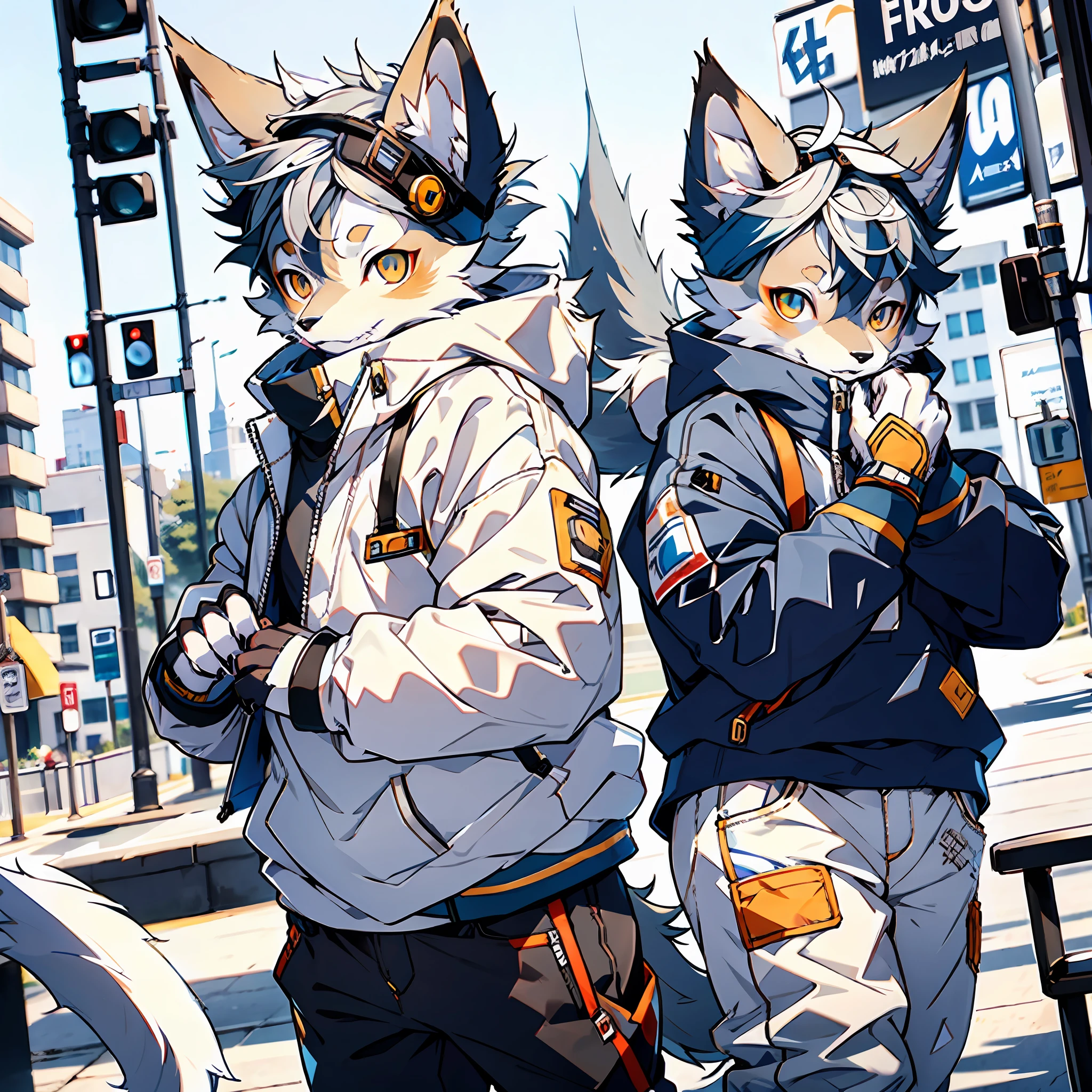 furry, furry, gray fur, male, canine, arctic fox, single, sharp claws, detailed fur, golden eyes, fluffy tail, blue sweatshirt, white jeans, super detailed: 1.0, city street, detailed background
