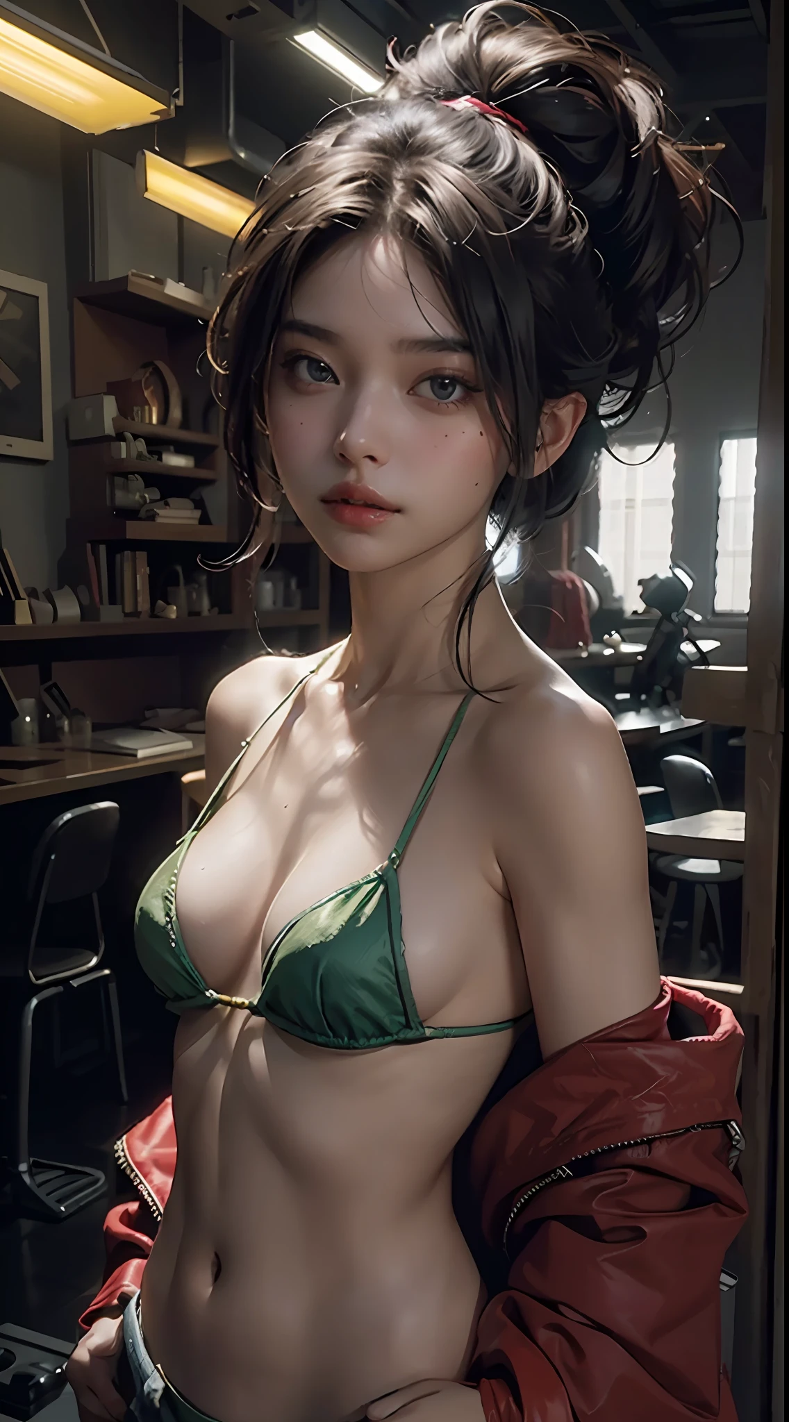 Best quality, masterpiece, ultra high res, (photorealistic:1.4), raw photo, 1girl, off shoulder, cinematic lighting, micro bikini, mechanical parts