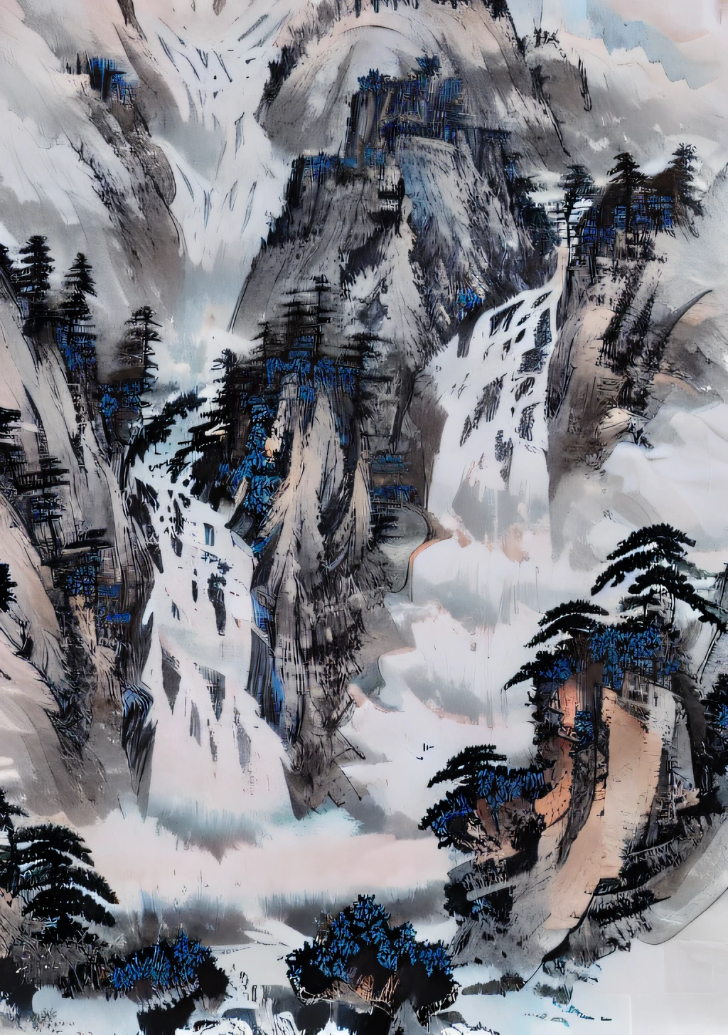 ((materpiece)), ((best quality)), ((high-res)),((extremly details)), ((Ink wash)), ((artist)), a painting of longly mountain and pine_tree, branch, no_humans, outdoors, scenery, birds, waterfall, indigo paint, zulishisong_style_mountains