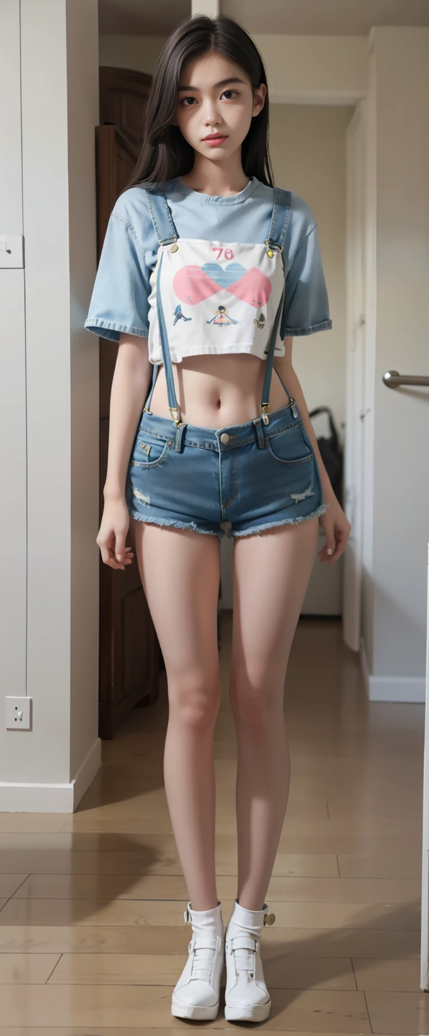 A girl, suspenders, denim shorts, long legs, slim figure, 18 years old