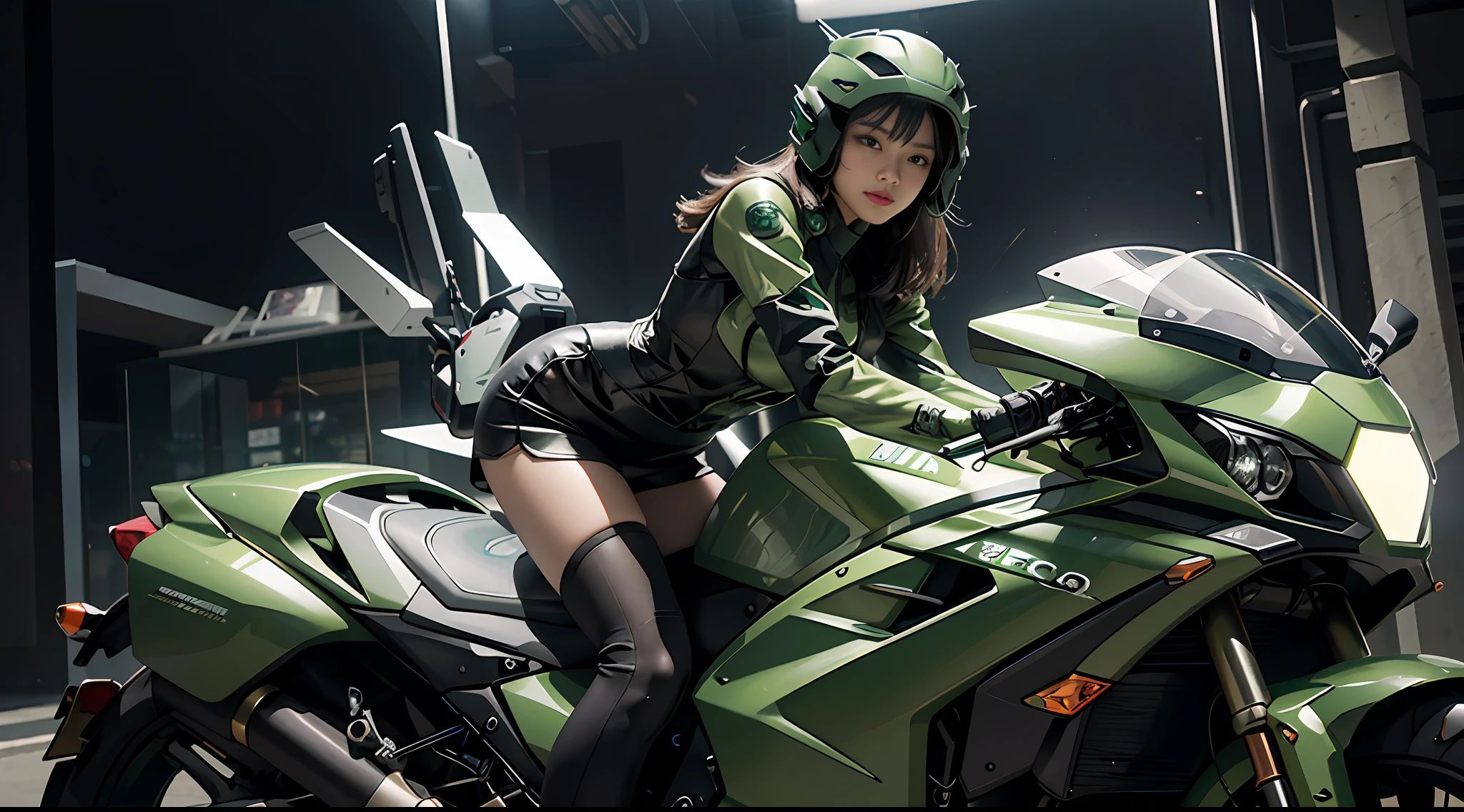 Highest image quality, outstanding details, ultra-high resolution, (realism: 1.4), the best illustration, favor details, highly condensed 1girl, with a delicate and beautiful face, dressed in a black and green mecha, wearing a mecha helmet, holding a directional controller, riding on a motorcycle, the background is a high-tech lighting scene of the future city.