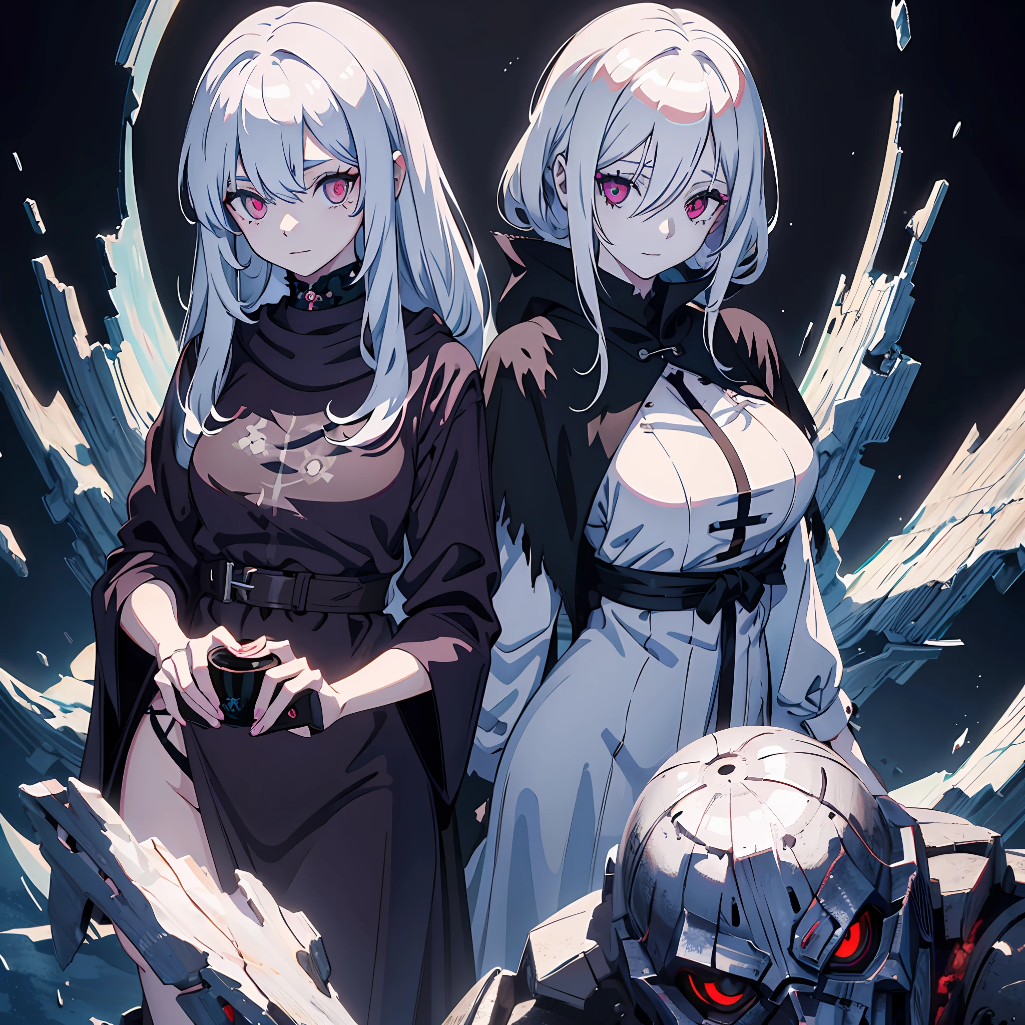 Anime girl,1girl,solo,white messy hair,hair covering one eye, wearing a black dress,white eyelashes,red eyes, piercing stare,pale skin, reaper,dark souls gathering around,drawn by the best anime artist, character art,black background,albino, purplish white hair, purplish white eyes, smiling,highest quality digital art, Stunning art, wallpaper 4k,8k,64k, HD, unparalleled masterpiece, dynamic lighting, cinematic, epic,octane render, H. R. Giger style, 8k, best quality, masterpiece, illustration, an extremely delicate and beautiful, extremely detailed ,CG ,unity ,wallpaper,Amazing, finely detail, masterpiece,best quality,official art, extremely detailed CG unity 8k wallpaper