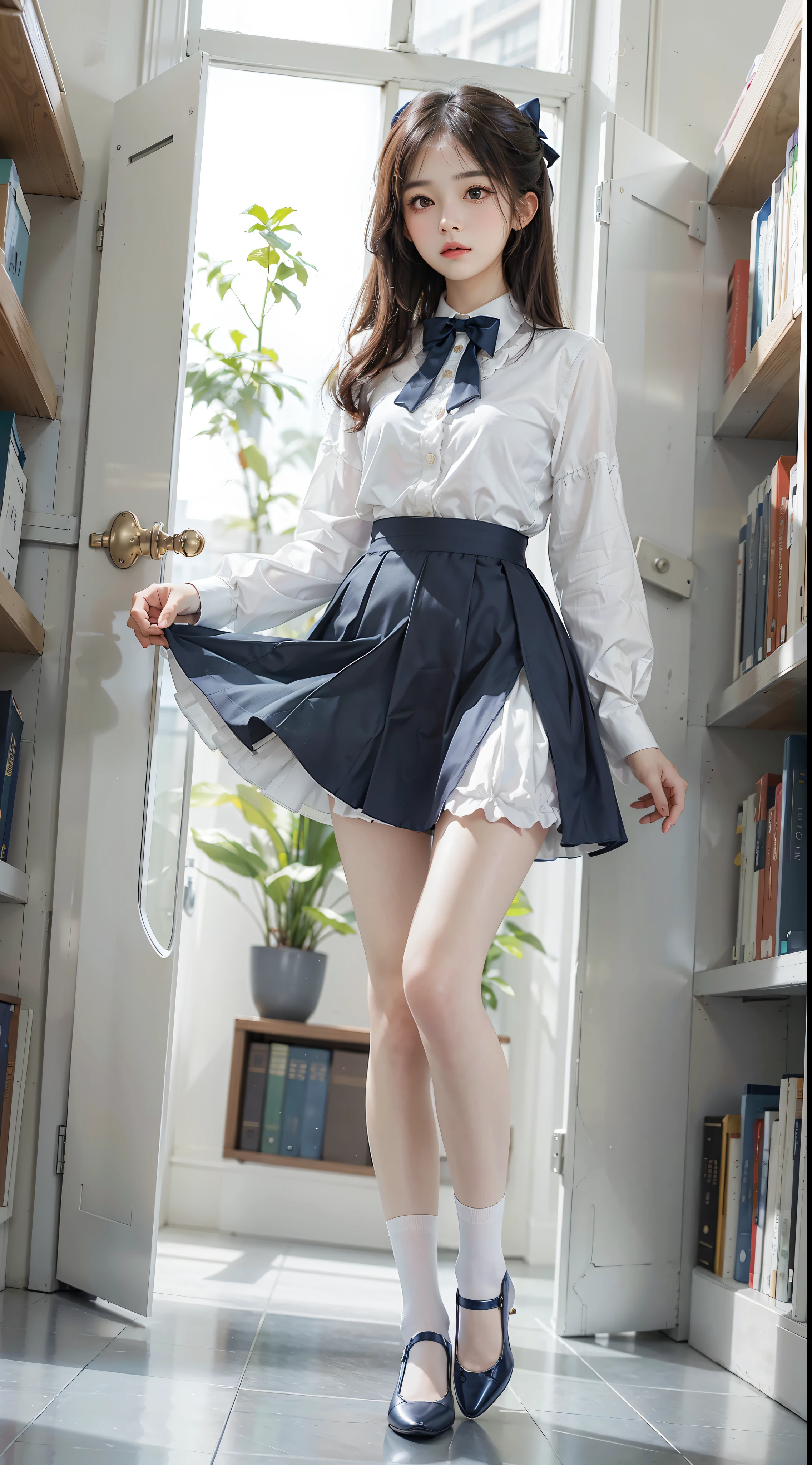 Woman standing alone in library, white light background wearing white floral blouse, dark blue bow tie, dark blue skirt with ruffles, white silk socks, wearing pumps