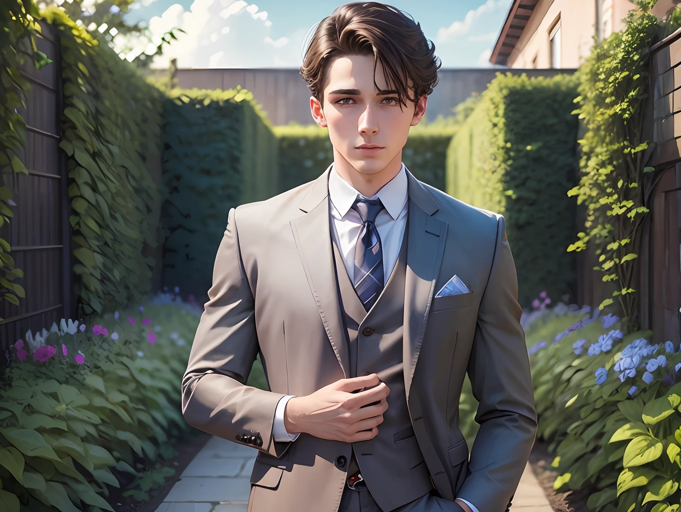 A brunette boy, in the garden, wearing a suit --auto --s2