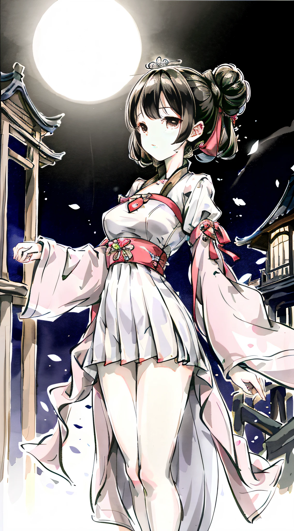 (masterpiece), best quality, good anatomy, shuimobysim, (1 girl:1), (upper body), (smile), (short hair: 1.2), (hanfu), long coat, (ecchi0.5), (bridge: 1.2), (flowers: 0.6), moon, delicate face, perspective, full body, close-up, back hand, robe, thigh, raised high, cloudy, chinadre, overexposed, [wet suit: 1.2], mid-breast, solo, [doll], bare thighs, credibly_absurdres, strong angles, pleated skirt, chinoiserie architecture, single bun, white hair, indifferent attitude, no shoes, ribbon sleeves, earrings, necklace, tiara, mid-chest, sunshine, loli, phoenix crown vermilion robe, blush