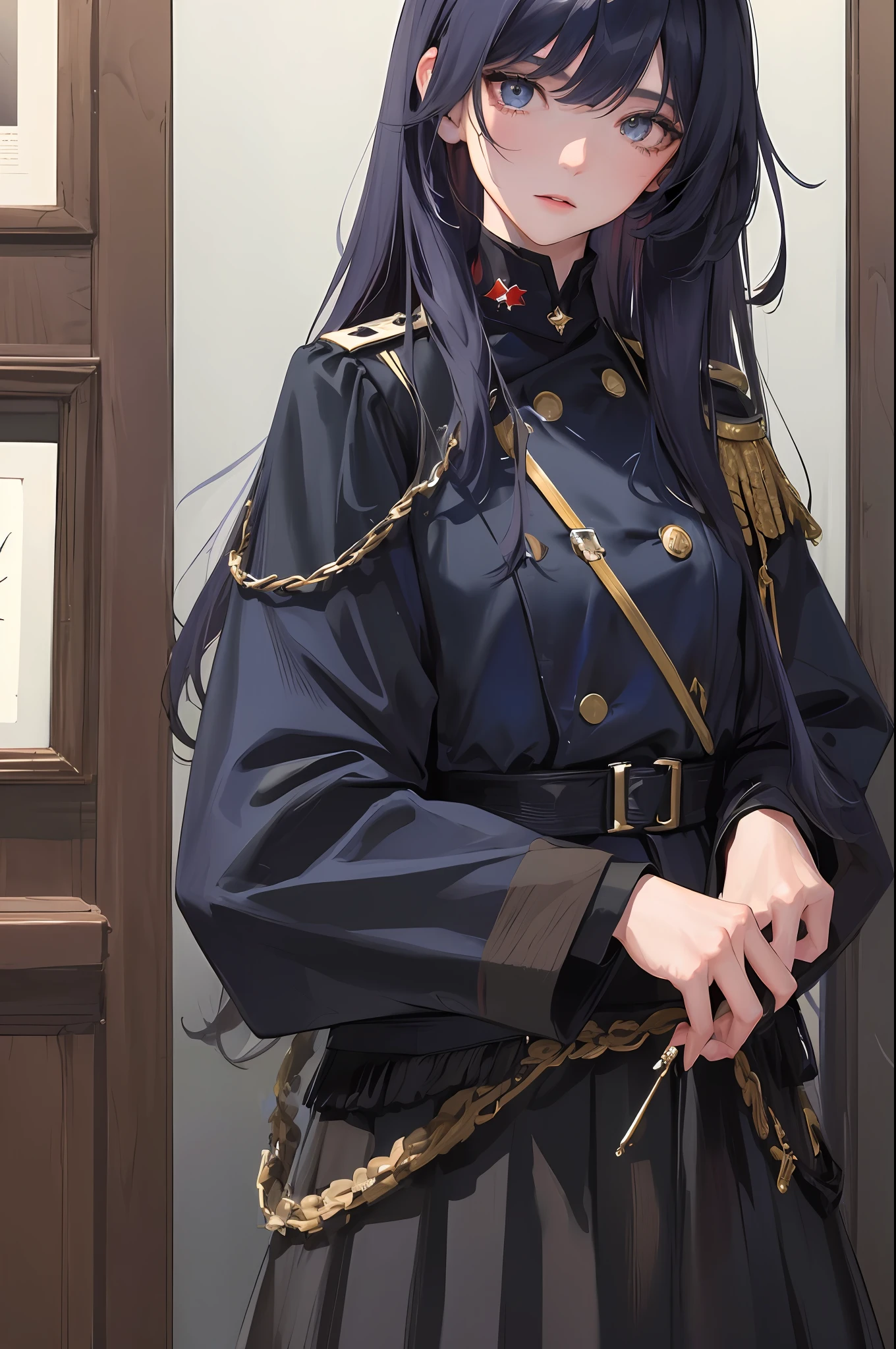 (Highest resolution, distinct_image) Best quality, women, masterpiece, highly detailed, semi-realistic, bangs, , shoulder length hair, mature, young, black clothes, uniform, military uniform, dark blue military uniform, delicate facial features, facial features, skirt, exposure, one girl, Genshin impact