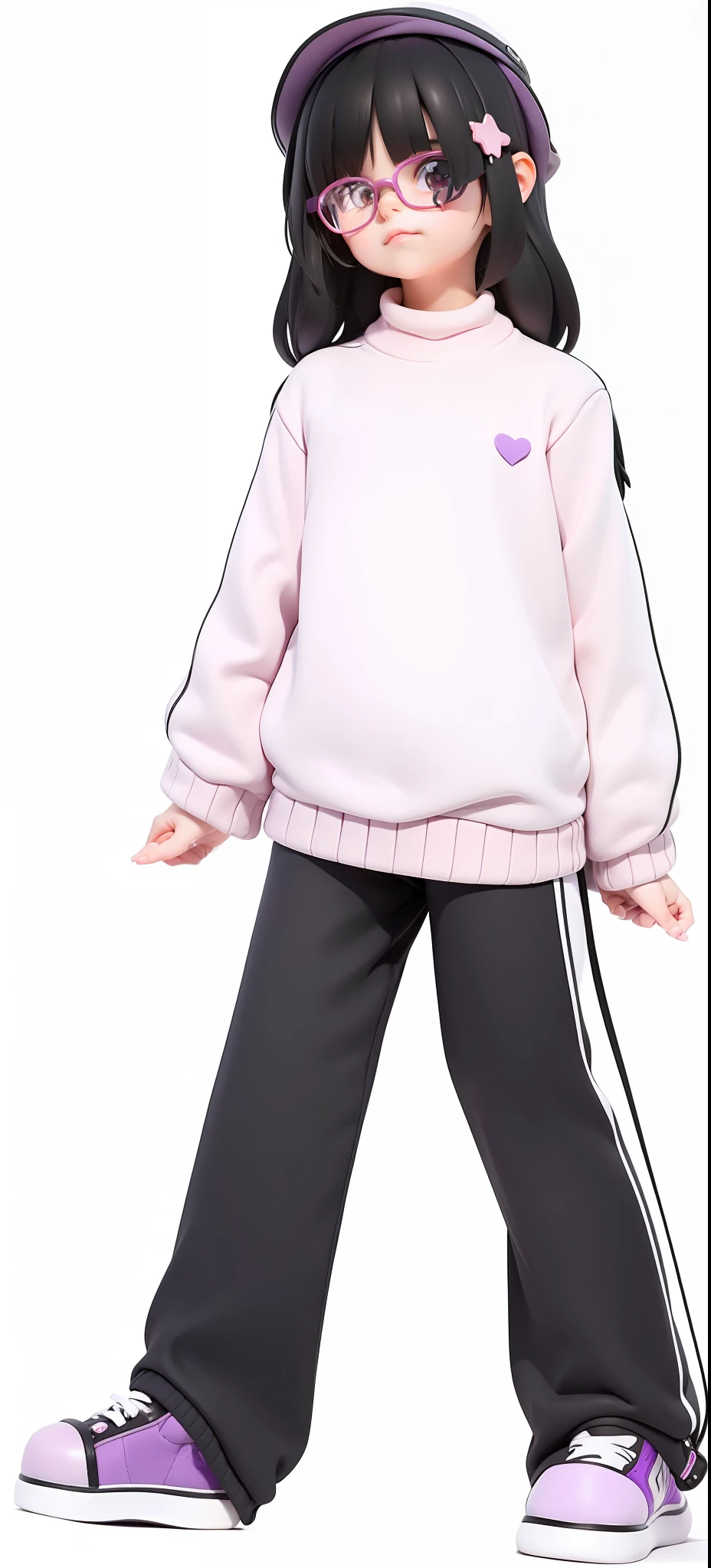 A little girl wearing a black hat and glasses, black hair, pink-purple sweater, gray trousers, purple sneakers