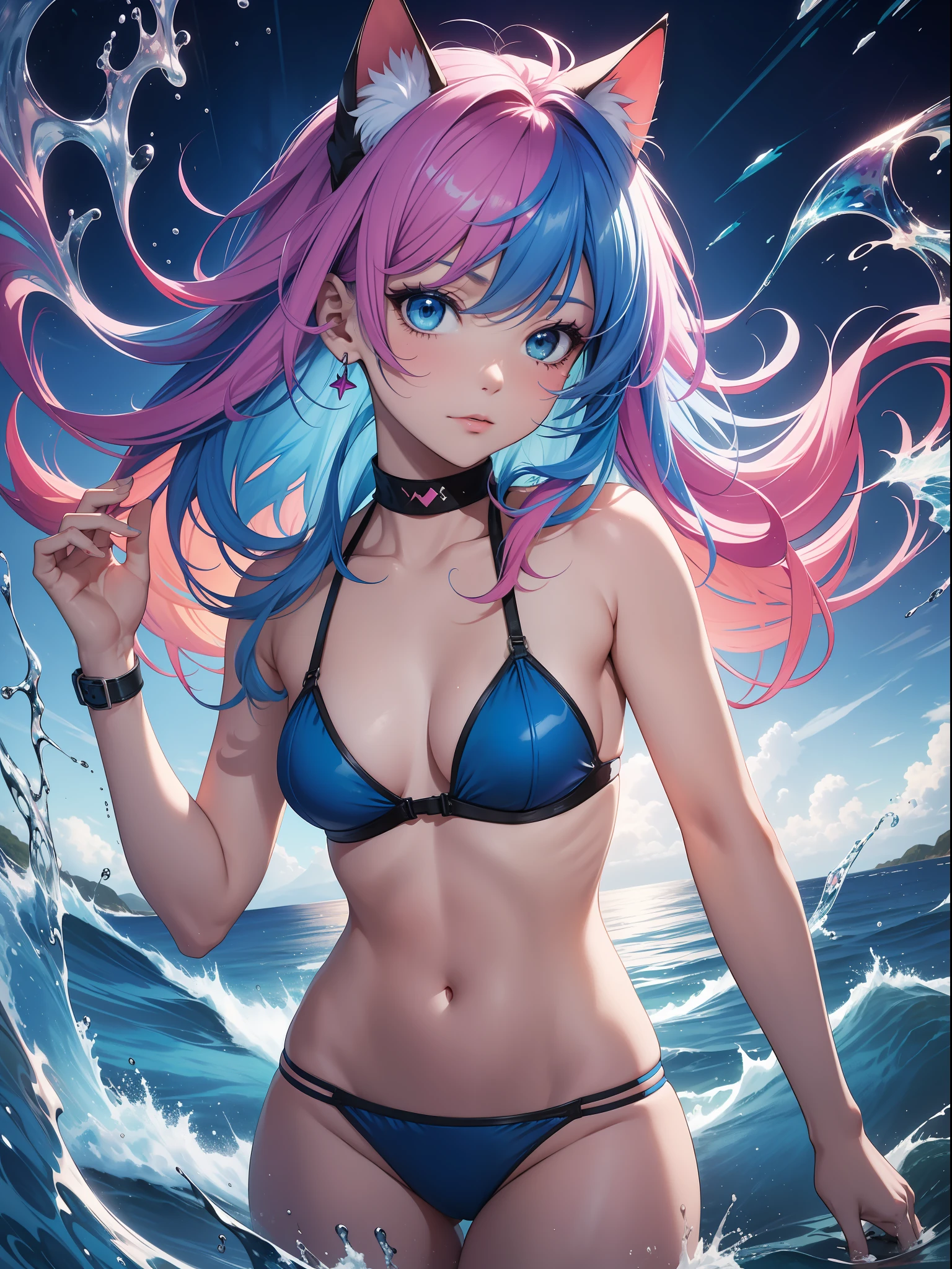 Absurd, super detailed, masterpiece, top quality, break, official art, (beautiful and aesthetic: 1.2), (watercolor: medium), break, devilish beautiful girl, beautiful girl, (cute: 1.3), , break, colorful hair, splash, (mixed blue and pink hair: 1.2), (fractal art 1.2), break, cat ears, sexy, break, splash, Super colorful, bikini, artistic, charming, break. Absolutely eye-catching color splashes, (cinematic hedlight), break, sideways, watch the viewer, break, clouds, liquid, blue, transparent, tomorrow morning, break, back beautiful, back naked, break, shame, nervousness, blush, break,