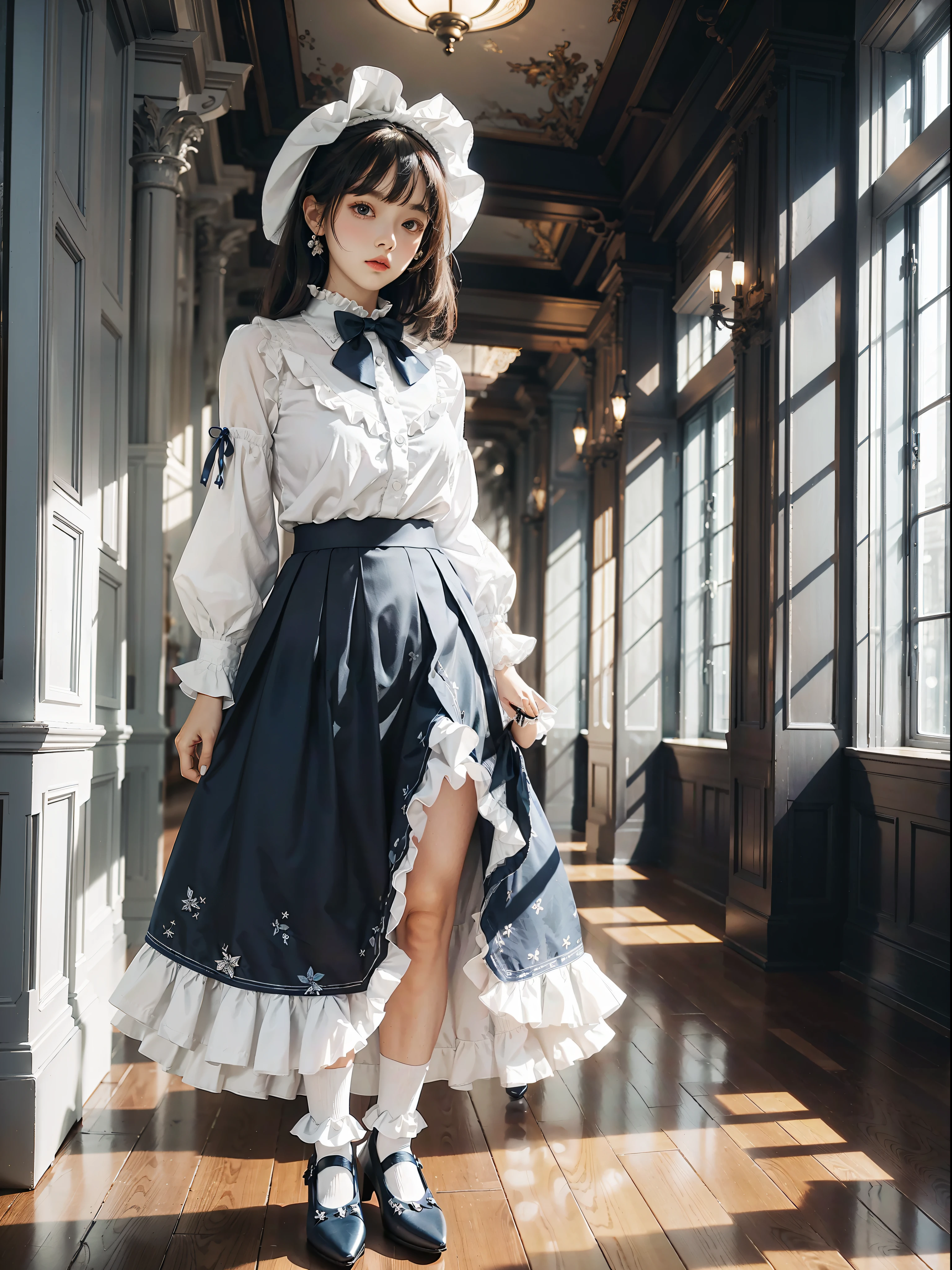 Woman standing alone in library, white floral blouse, dark blue bow tie, dark blue skirt with ruffles, wearing white silk ruffled socks, wearing pumps, white light background