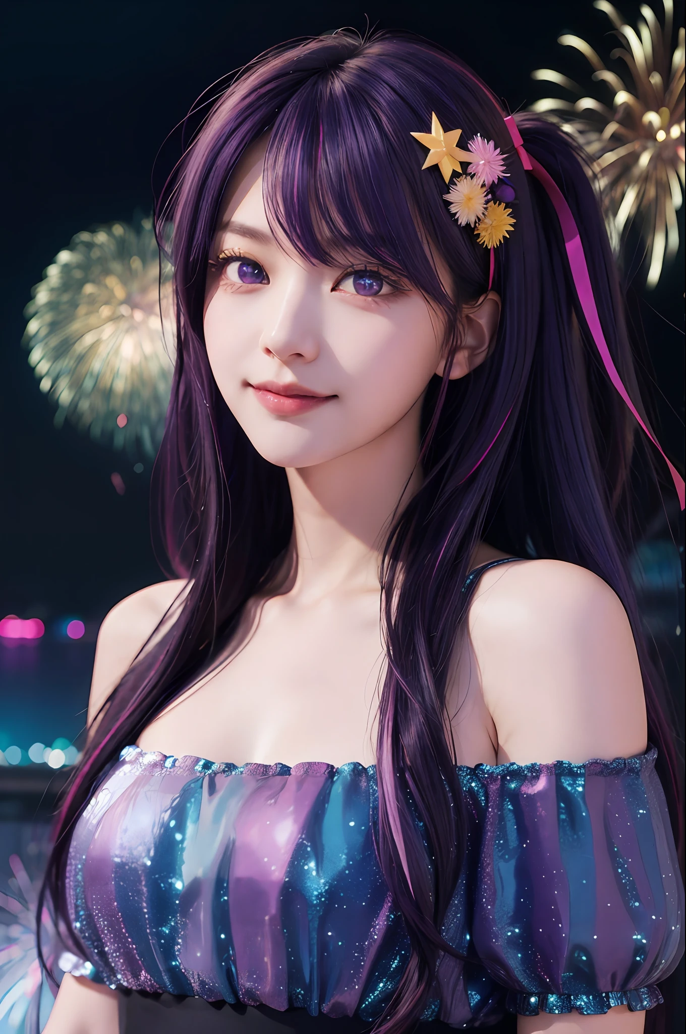 (masterpiece, best quality), ((1girl, (mature), Hoshino Ai, ), (purple hair, long hair, streaked hair, beautiful hair, hair ornament), (purple eyes, star-shaped pupils, +_+, symbol-shaped_pupils, sparkling_eyes, beautiful eyes, eye highlights, sharp eyes), (looking at the viewer, slight smile, off shoulder)), (simplier background, dark background, fireworks), (highres, chromatic aberration), (),