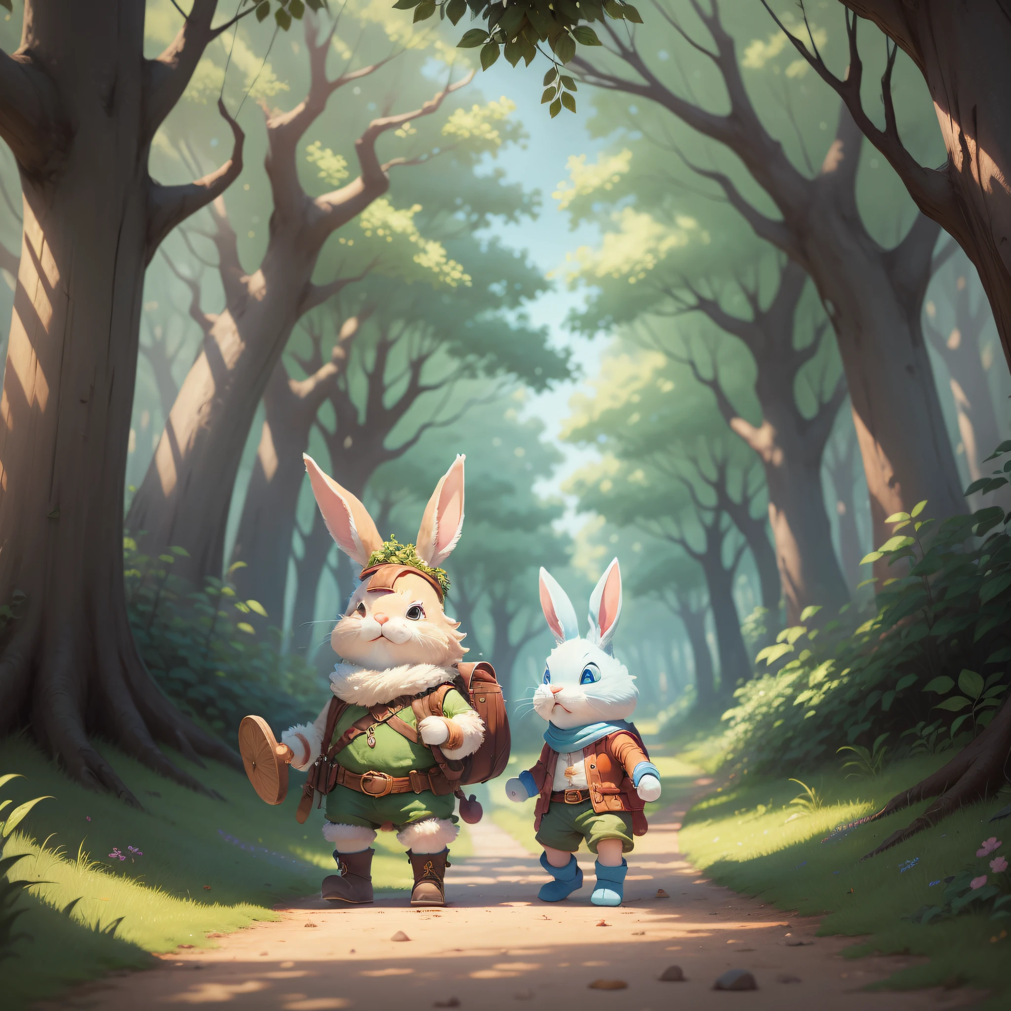 Make image in sequence of a cartoon of the cuddly bunny and adventurer in the enchanted forest