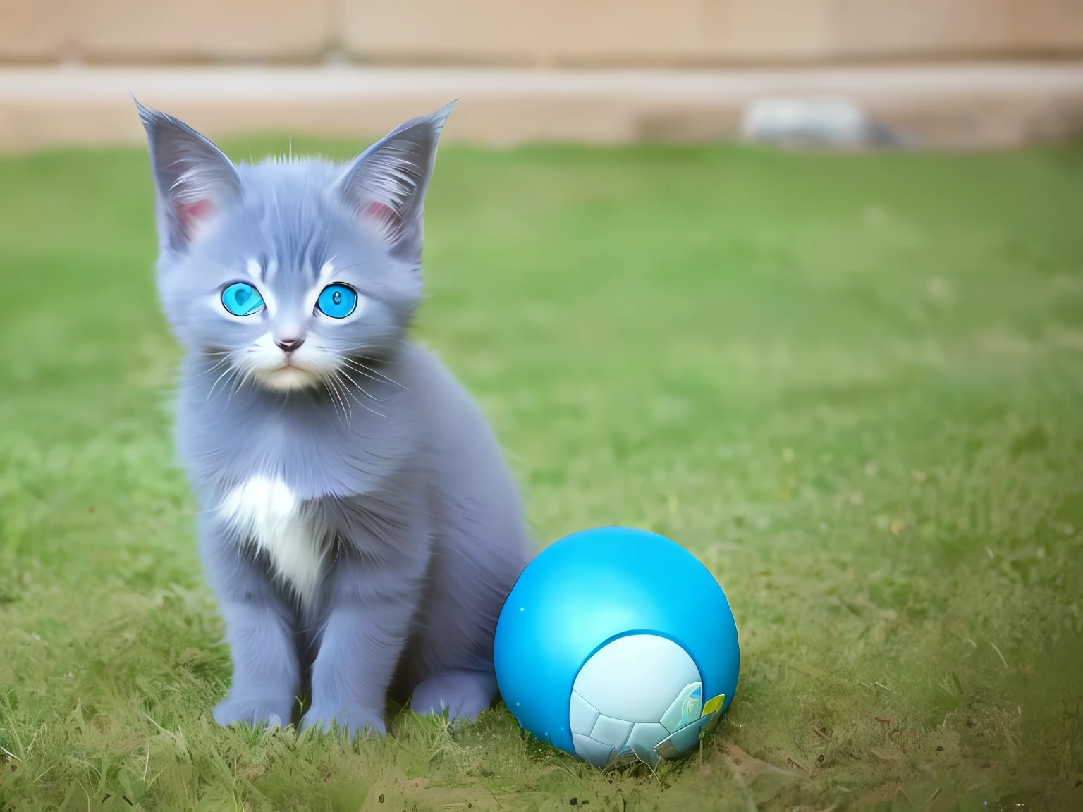 Cute blue cat kitten playing with ball