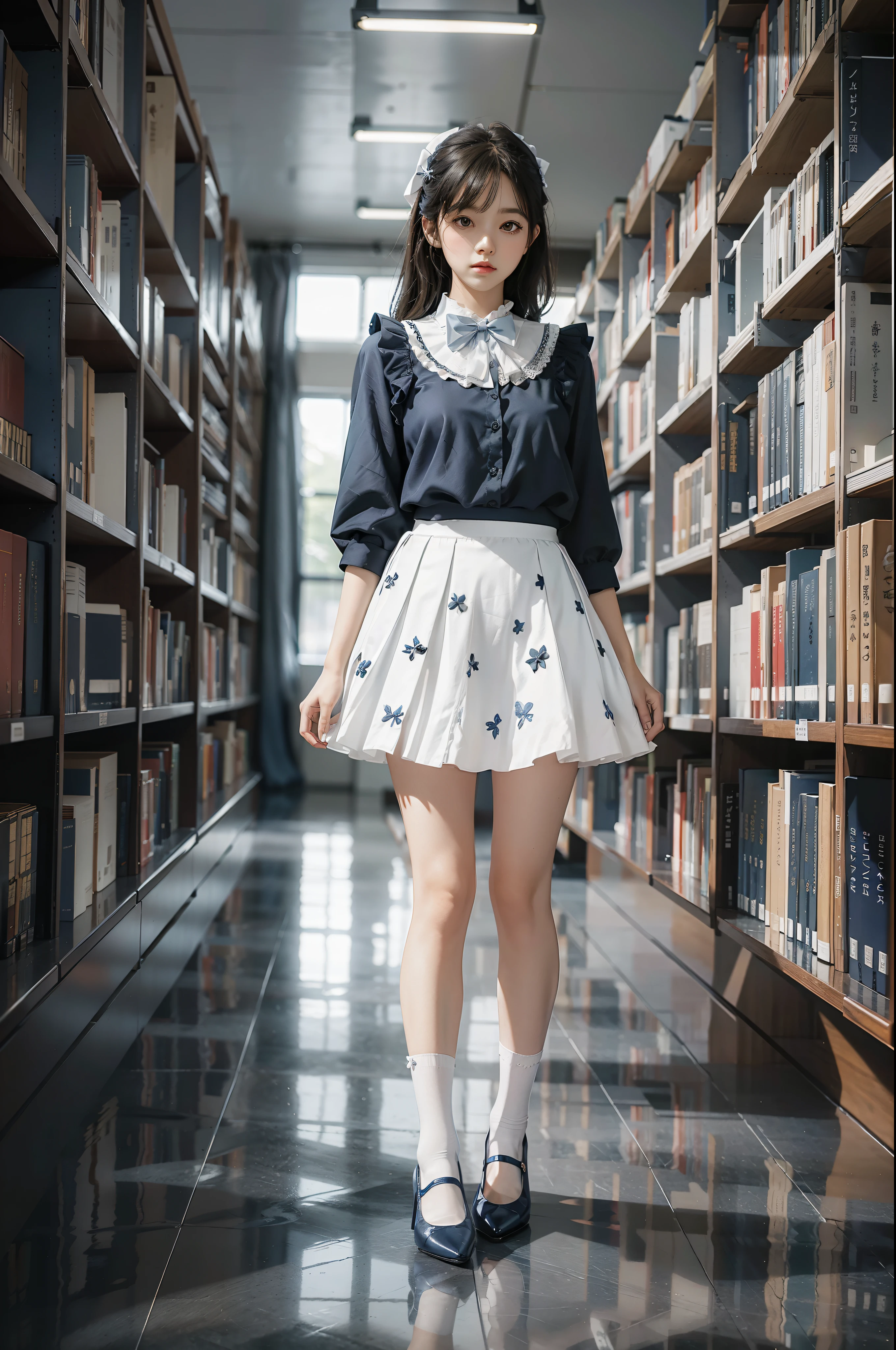 Woman standing alone in library, white floral blouse, dark blue bow tie, dark blue skirt with ruffles, white silk tri-fold socks, wearing pumps, white light background