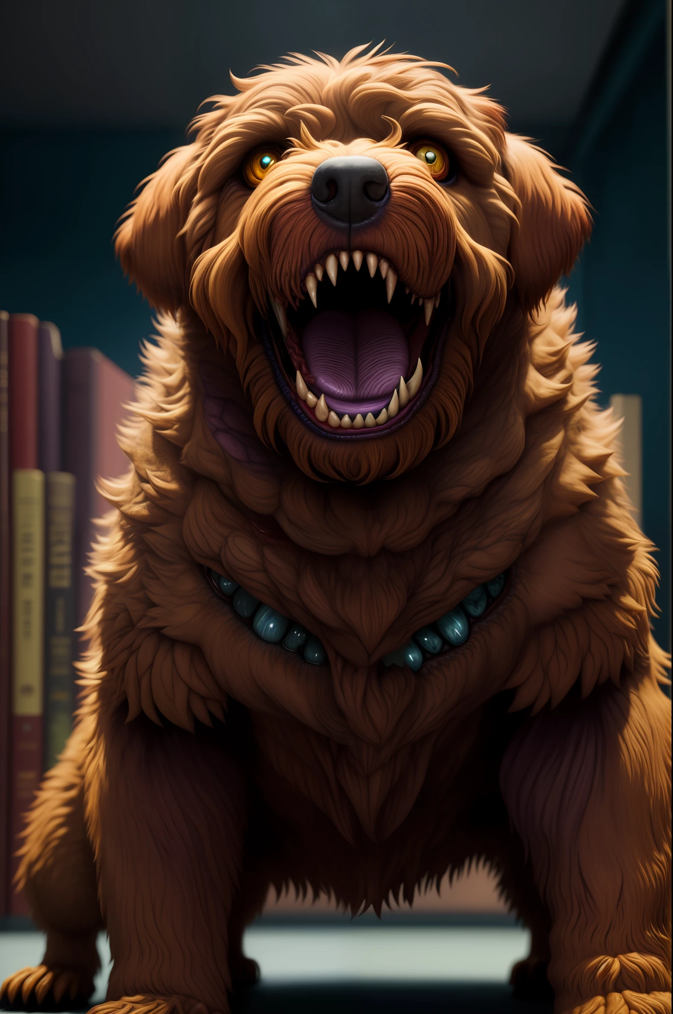 best quality, ultra high res, (photorealistic:1.4), no humans,
Complex_LA style, disgusting body horror zombie Labradoodle ,feraligatr, wide-eyed, amber eyes,French mauve blood ,mouth drool, Drooling on the ground,library,dof, high definition, detailed, intricate
