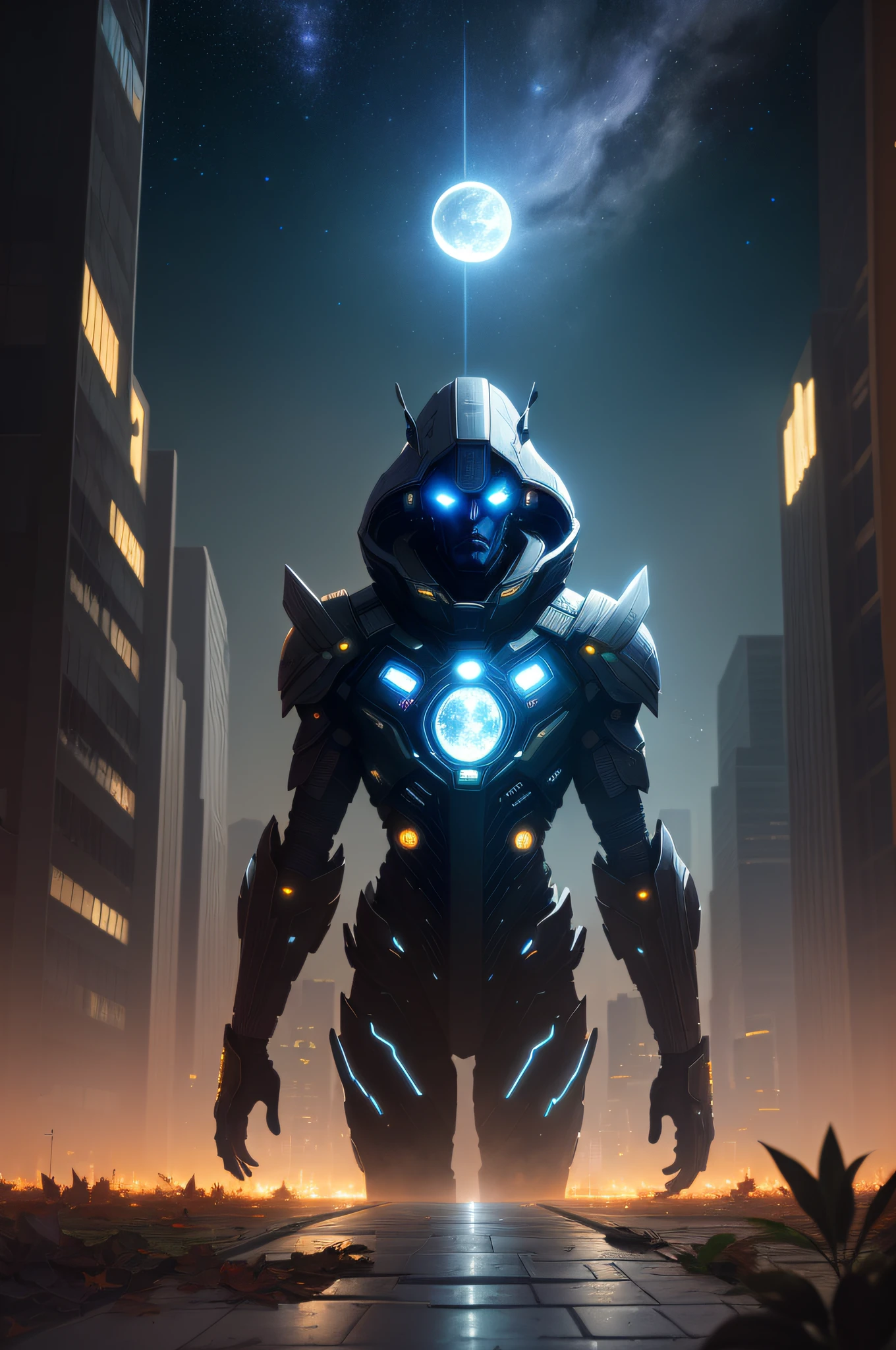 city, leaves, moonlight, night, stars, psychological cybernetics, cybernetics, mystery sci-fi, starry sky, larry niven, meticulous detail, beyond reality, amazing reality, intimate lighting, sci-fi