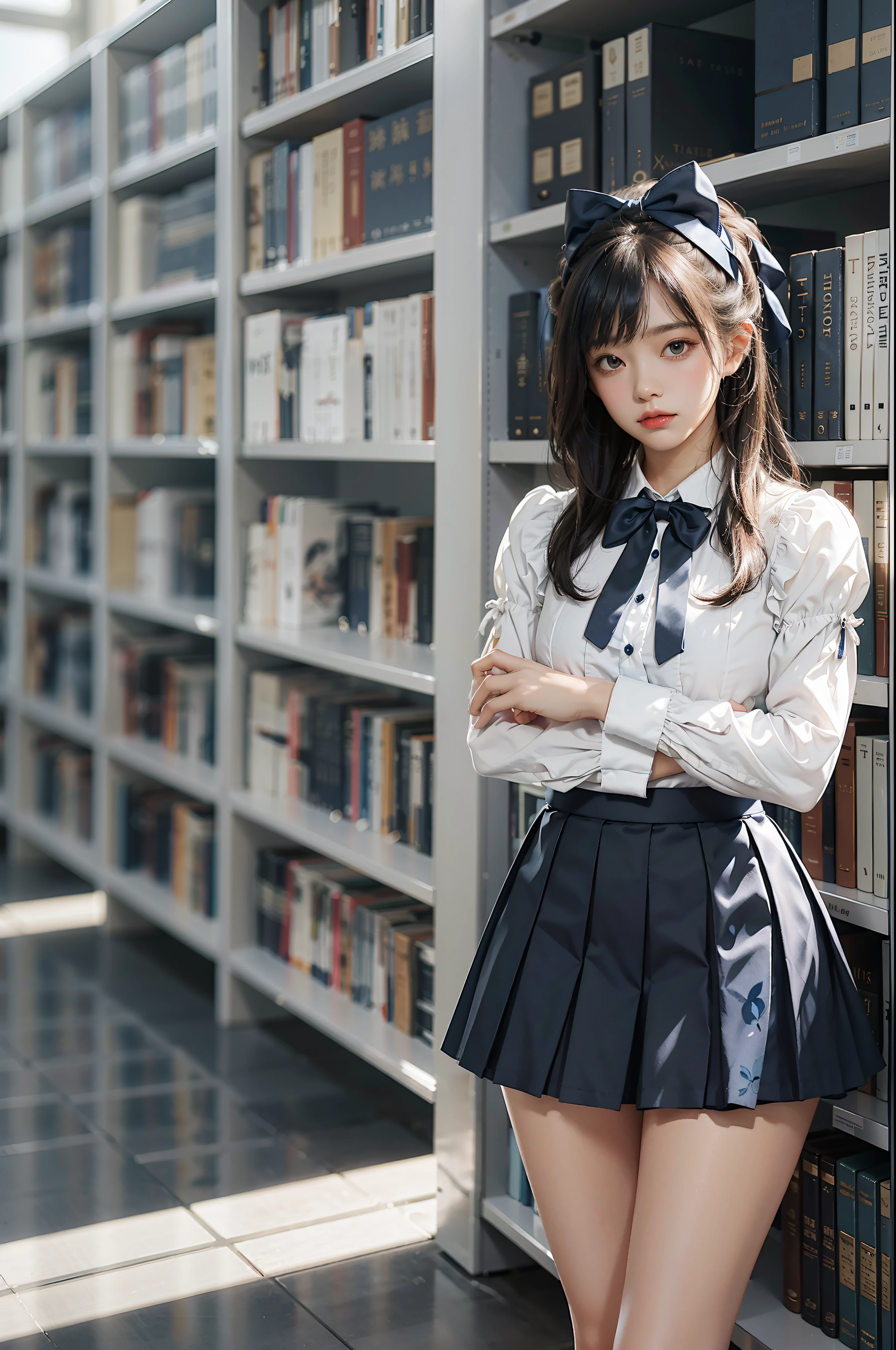 Woman standing alone in library, wearing white floral blouse, dark blue bow tie, dark blue skirt with ruffles, white ankle-length silk tri-fold socks, wearing pumps, white light background
