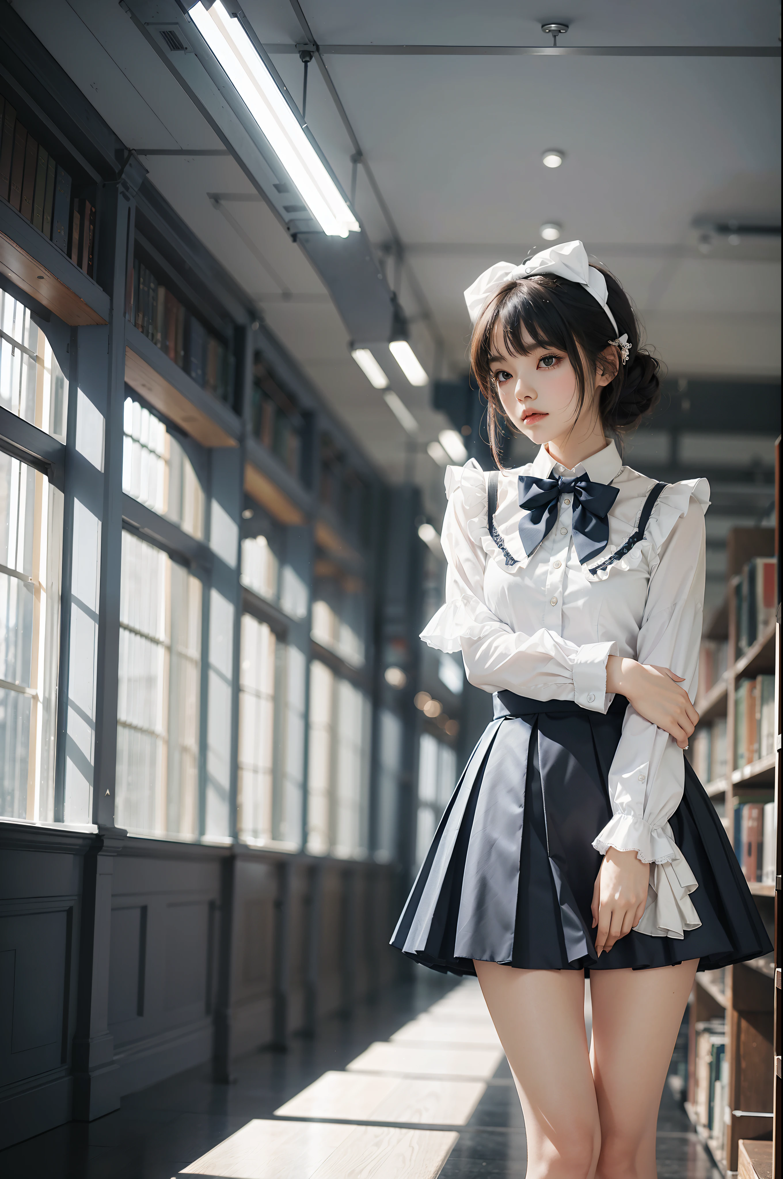 Woman standing alone in library, white blouse, dark blue bow tie, dark blue skirt with ruffles, white ankle length socks, wearing pumps, white light background
