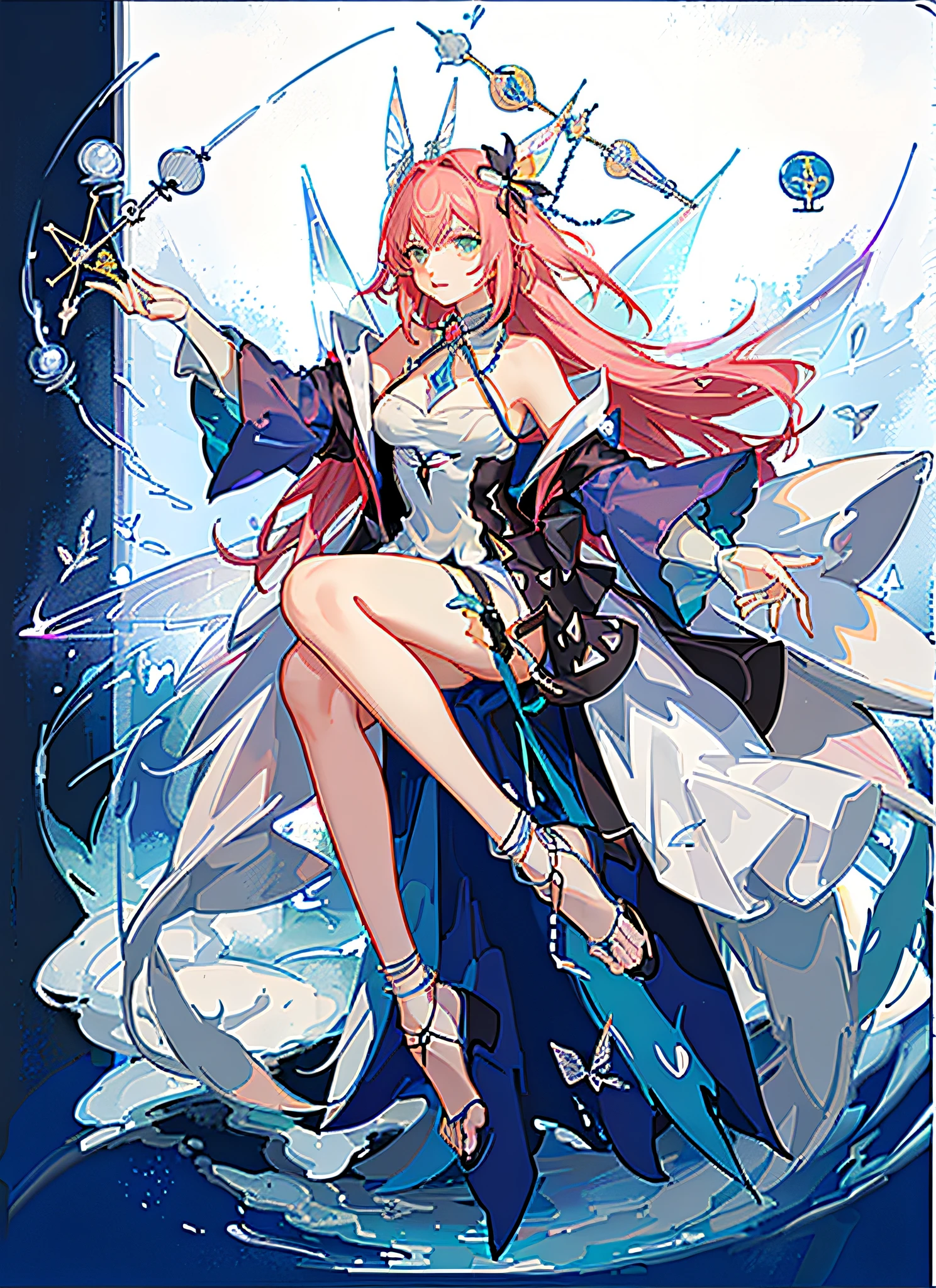 (Golden Ratio: 1.2), (Rose Graffiti: 1.2), (Glitch Color: 1.3), [(White Background: 1.4)::10], (Whole Body: 1.2), (Super Fine: 1.3), (Tarot :1.6),(Magician (Tarot):1.6),(Paper:1.2),(Fairy:1.6),(Fairy Wings:1.2),Full Body, Hanging,(Cool:1.2),(Red Long Hair ),(butterfly hair accessory),(flower hair accessory: 1.0),((sandals,Locket)),(colored cocktail dress: 1.0)+(loose-sleeve jacket: 1.3)+(fluttering colorful tassels and ribbons :1.2 ),(white stockings: 1.2),(colored ink paper flowers: 1.2),(colorful flower sea: 1.3),(chaotic geometry: 1.3),(negative space: 0.8),(drawing board: 1.3 ), (Ether Color ink flow: 1.3)
