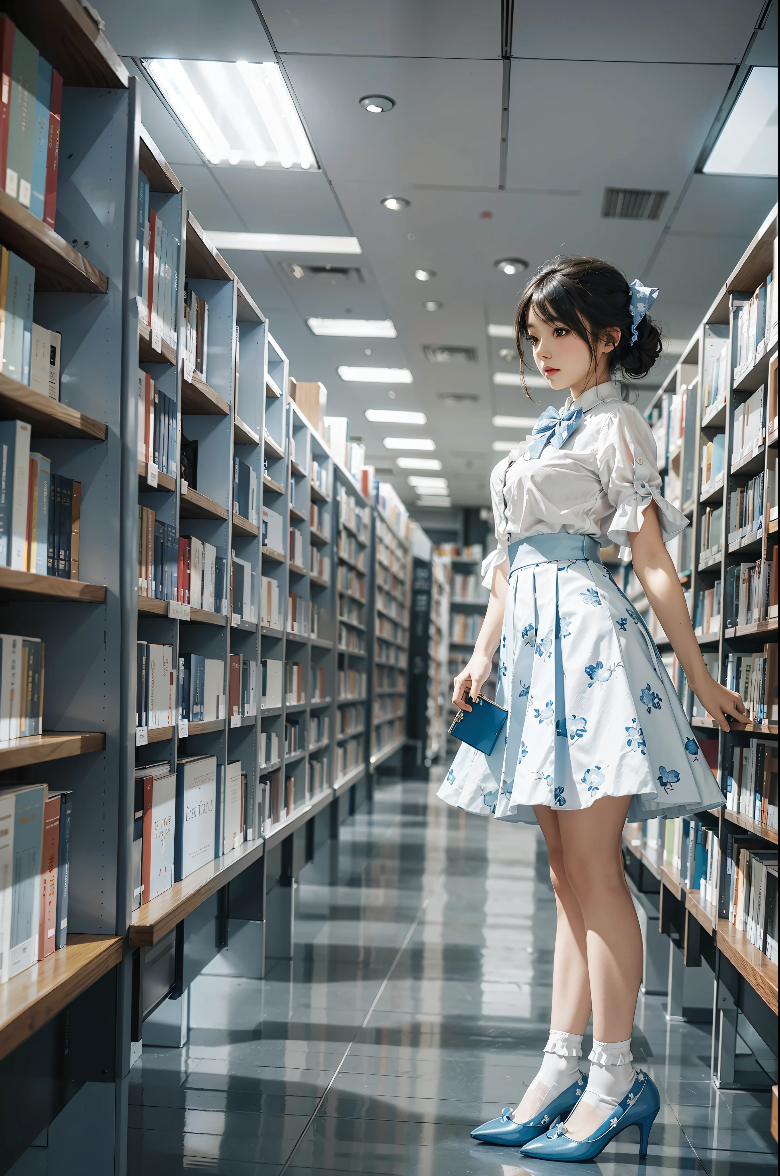 Woman standing alone in library, white blouse with blue floral pattern, blue bow tie, ruffled blue skirt, white ankle length socks, wearing pumps, white light background