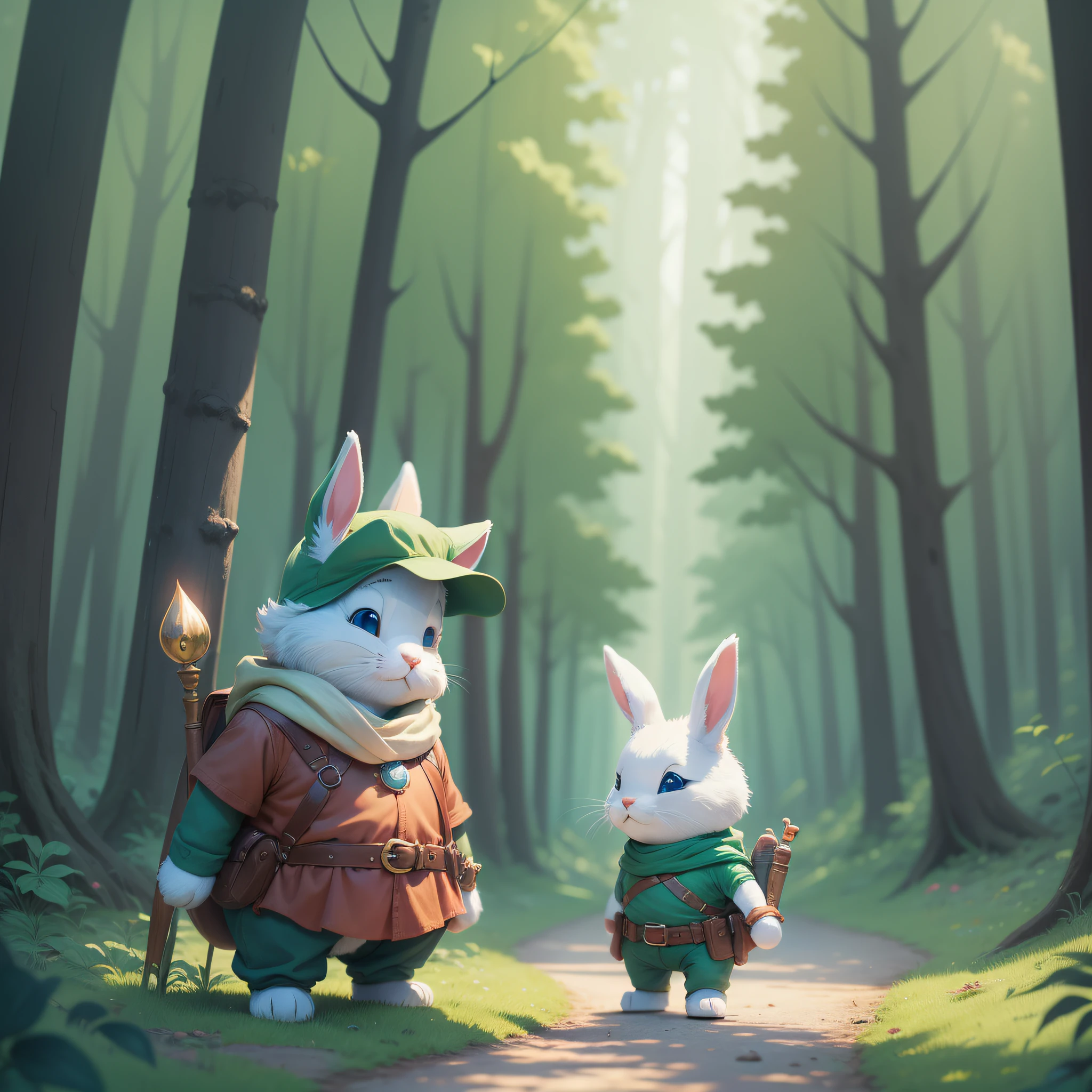 Make image in sequence of a cartoon of the cuddly bunny and adventurer in the enchanted forest