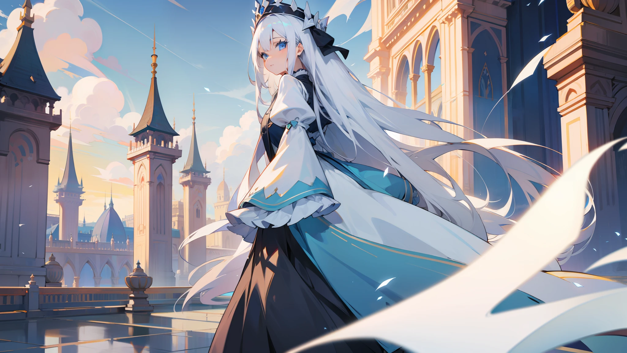White hair, long hair, blue eyes, girl, long skirt, panorama, palace background