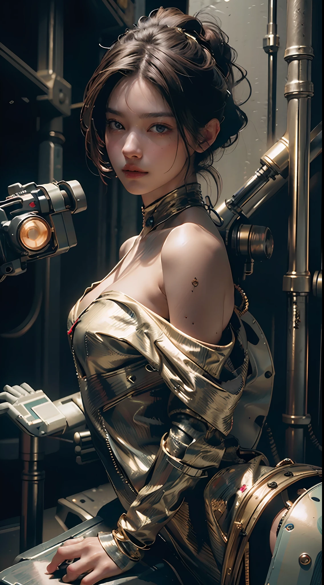 Best quality, masterpiece, ultra high res, (photorealistic:1.4), raw photo, 1girl, off shoulder, cinematic lighting, micro bikini, mechanical arms, mechanical body, mechanical face