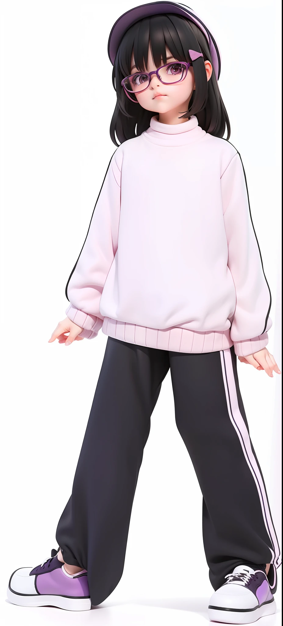 A wearing a black hat and glasses, black hair, pink-purple sweater, gray trousers, purple sneakers