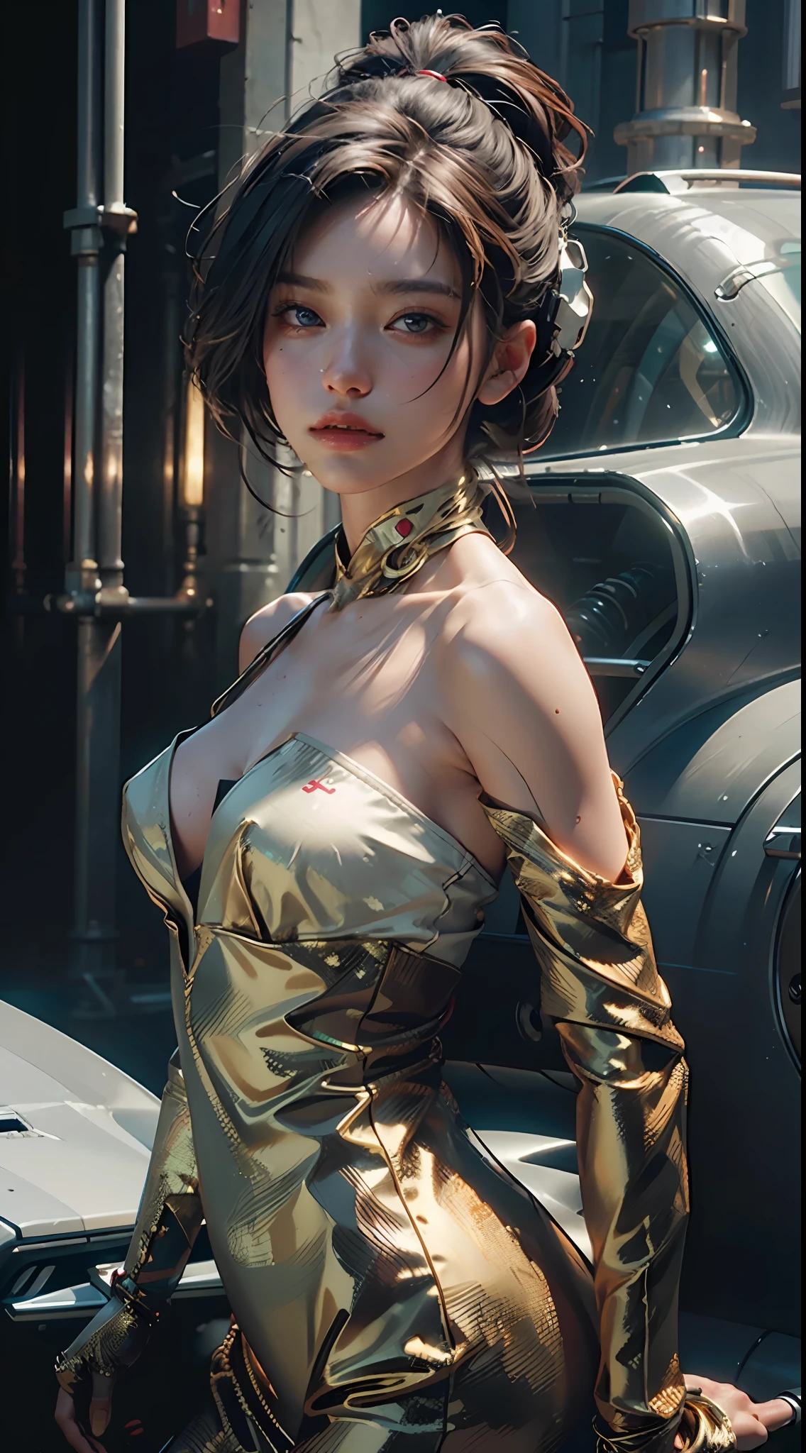 Best quality, masterpiece, ultra high res, (photorealistic:1.4), raw photo, 1girl, off shoulder, cinematic lighting, micro bikini, mechanical arms, mechanical body, mechanical face