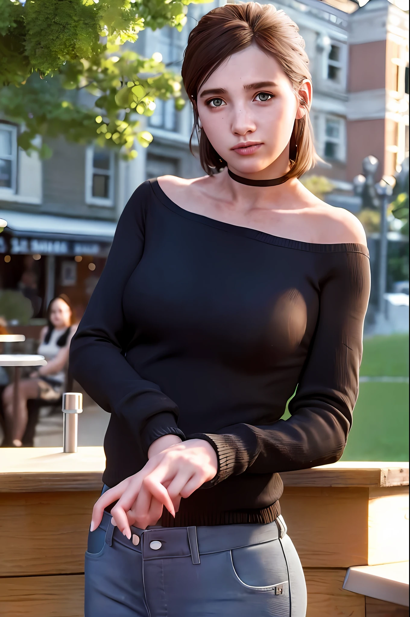 piercing eyes, looking straight, a 20 year old cute BrittBaker  very happy, wearing an off-shoulder sweater, choker, closeup portrait, in a outdoor cafe in 2015, afternoon light,