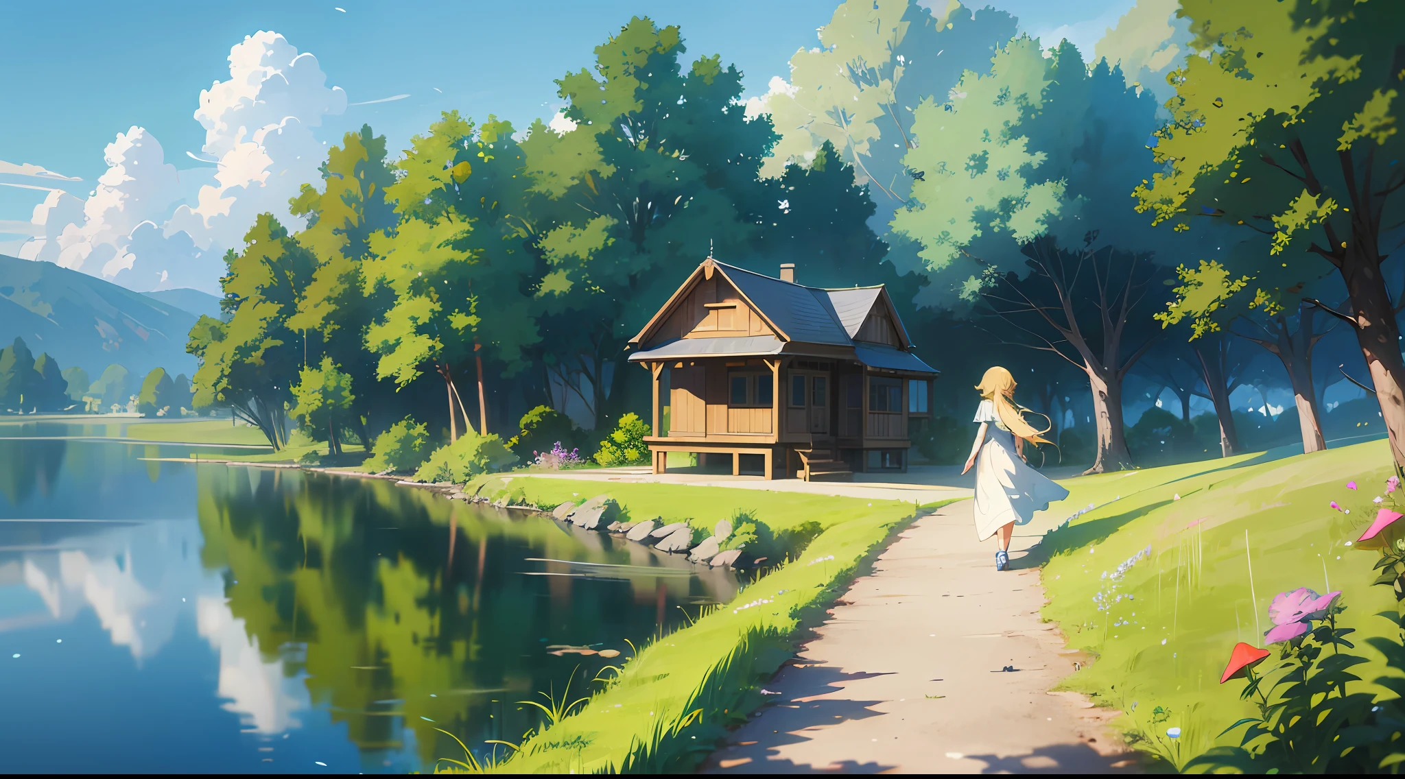 Character: A Woman heading towards home, blonde, bright light blue eyes, transparent white dress. Anime scenery of a house and a lake with a bench, anime countryside, anime background art, anime landscape wallpaper, relaxing concept art, anime scenery, anime background, anime landscape, beautiful anime peace scene, awesome art style, 4k anime style, lofi art style, 8k anime art wallpaper, beautiful anime setting, makoto shinkai cyril rolling . Lighting: The lighting is extremely strong, alternating between light and shadow, with special focus on the color green. Using ray tracing reflections and RTX to perfect the sunlight that illuminates every woman, making her hair and dress transparent and creating bright reflections, the river is transparent reflecting the entire landscape. Technical Details: Use Unreal Render, Octane Render and HDR to ensure quality in 8K UHD. Additional Elements: Add mushrooms, flowers and colorful butterflies. The shadows and lights should be intense to reinforce the feeling of strong wind. Colors should be vibrant and vivid. --auto --s2