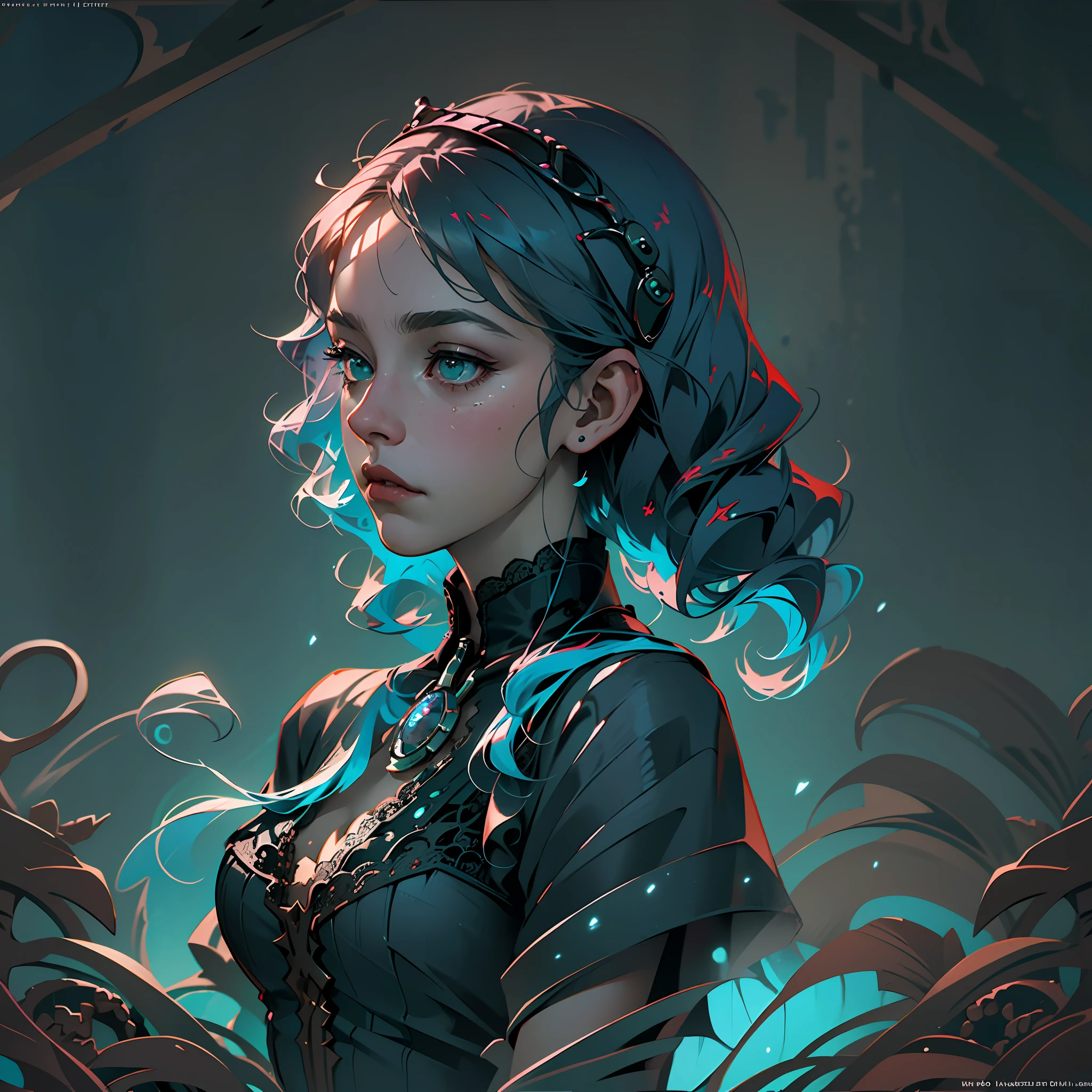 Official Art, Unity 8k wallpaper, super detailed, beautiful, beautiful, masterpiece, best quality,
darkness, atmosphere, mystery, romanticism, creepy, literature, art, fashion, victorian, decoration, intricacies, ironwork, lace, contemplation, emotional depth, supernatural,
1 girl, solo, neck, bust composition