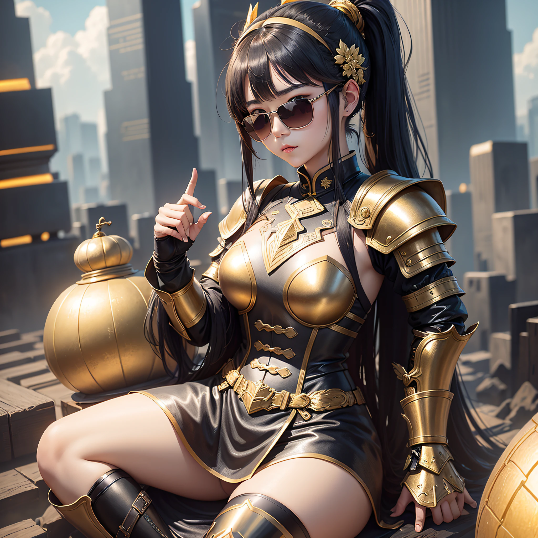A Chinese girl with double ponytail hair, wearing metal armor, carrying a huge gold gourd, wearing black sunglasses and a pair of white boots, sits on a dazzling cloud --auto --s2